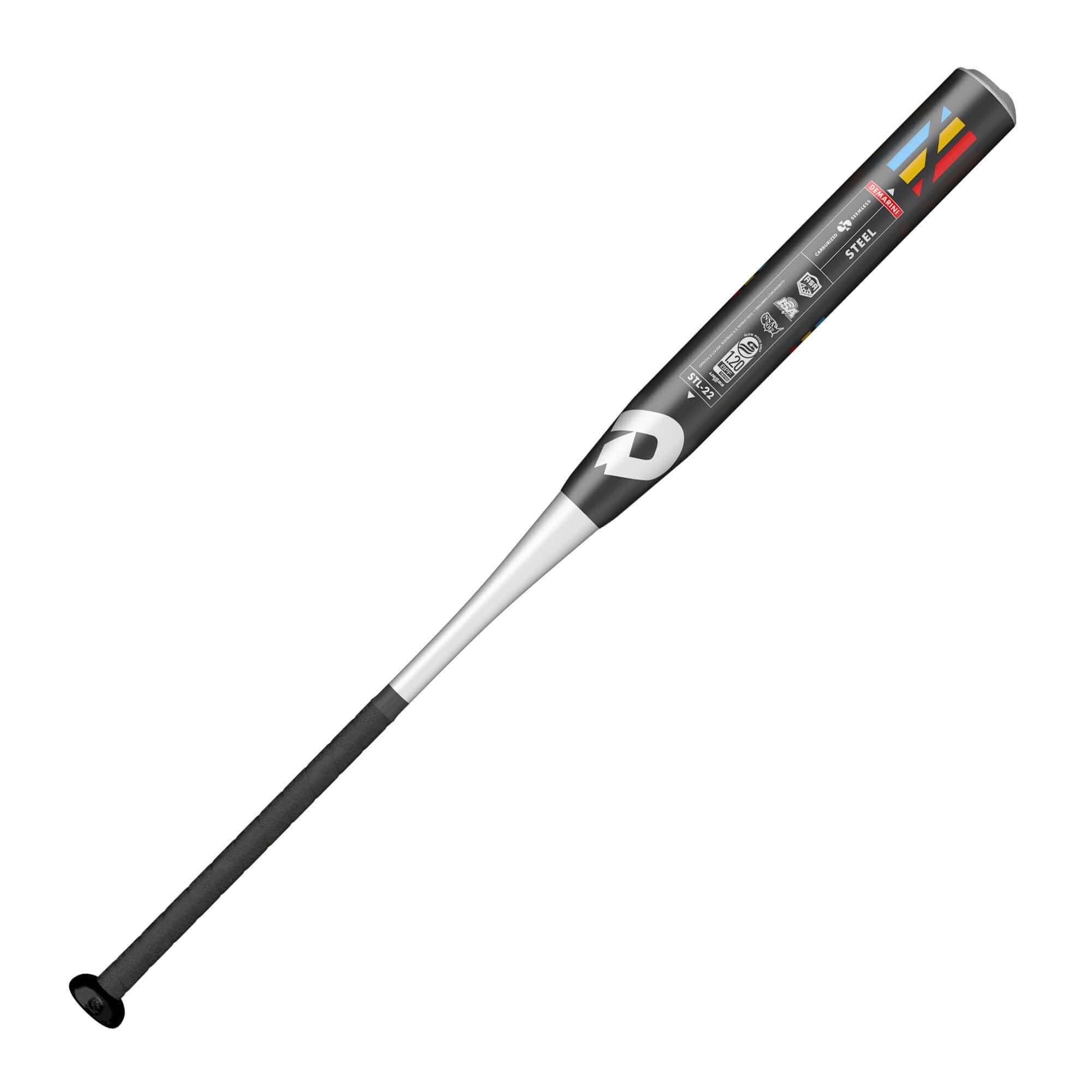 Alt tag for the product image: DeMarini Steel Slowpitch bat with a 12-inch carburized seamless drawn steel barrel.