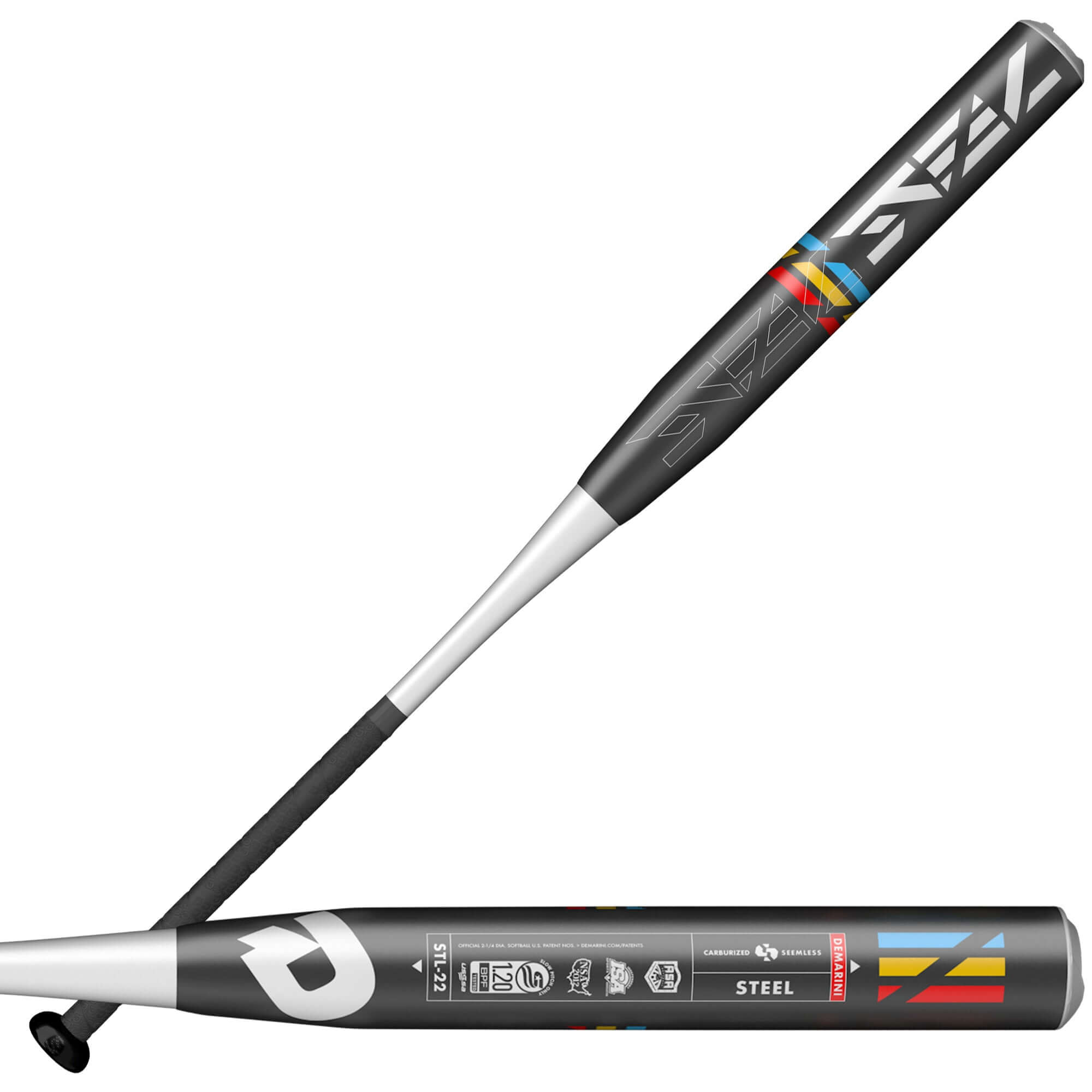 Alt tag for the product image: DeMarini Steel Slowpitch bat with a 12-inch carburized seamless drawn steel barrel.