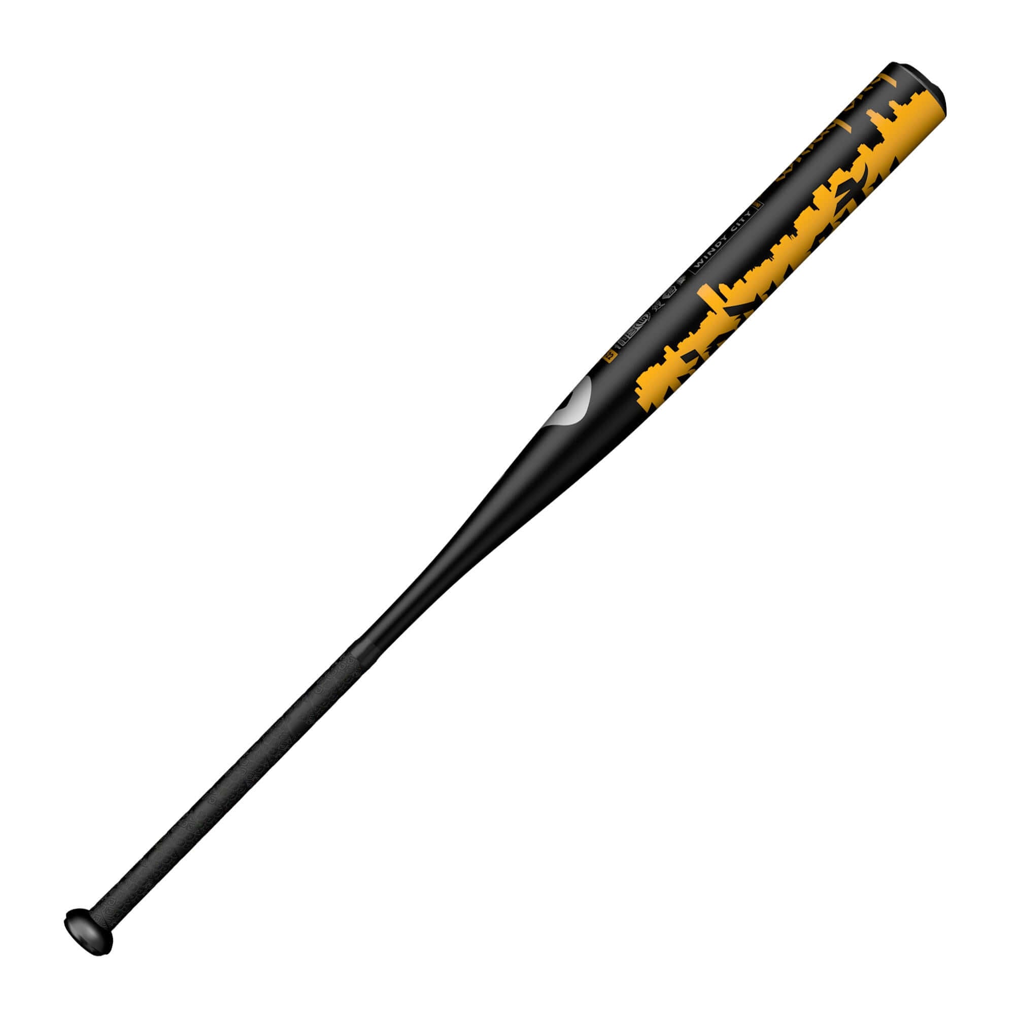 DeMarini Windy City Slowpitch Bat with black and yellow design, featuring a 12.5” SC4 alloy barrel for 16” softball swings.
