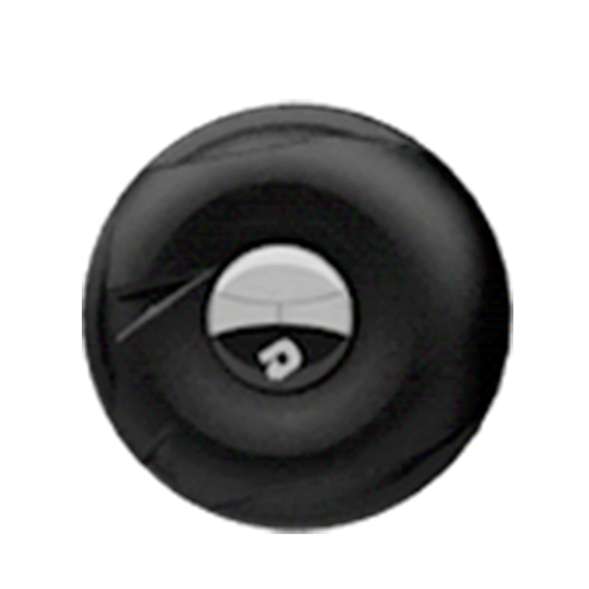 Black inflatable tire with a circular design and a logo in the center, suitable for water or pool activities.