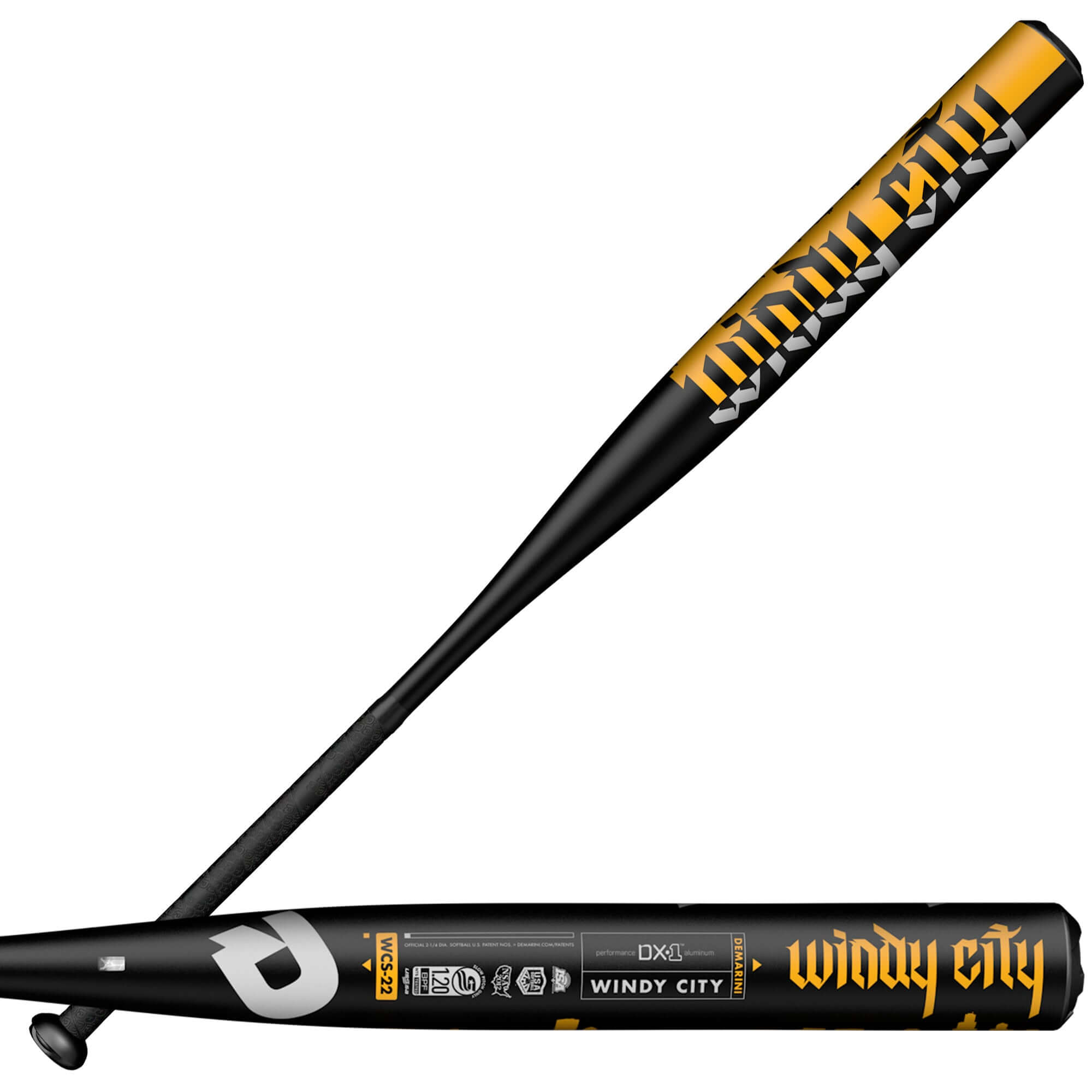 DeMarini Windy City Slowpitch Bat showcasing black and gold design with a 12.5" SC4 alloy barrel for 16" softball.