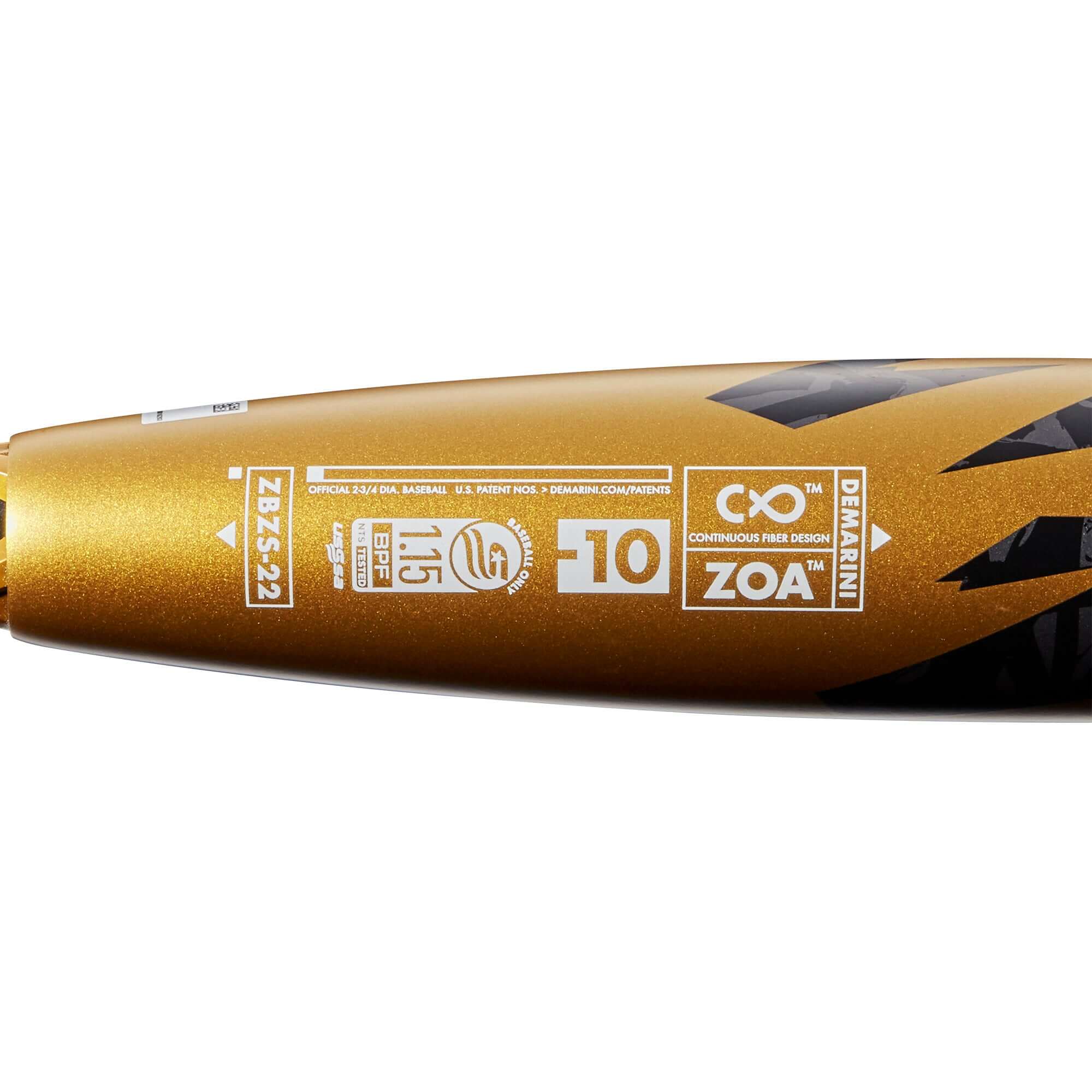 DeMarini ZOA (-10) 2 3/4 USSSA baseball bat with elongated barrel profile.