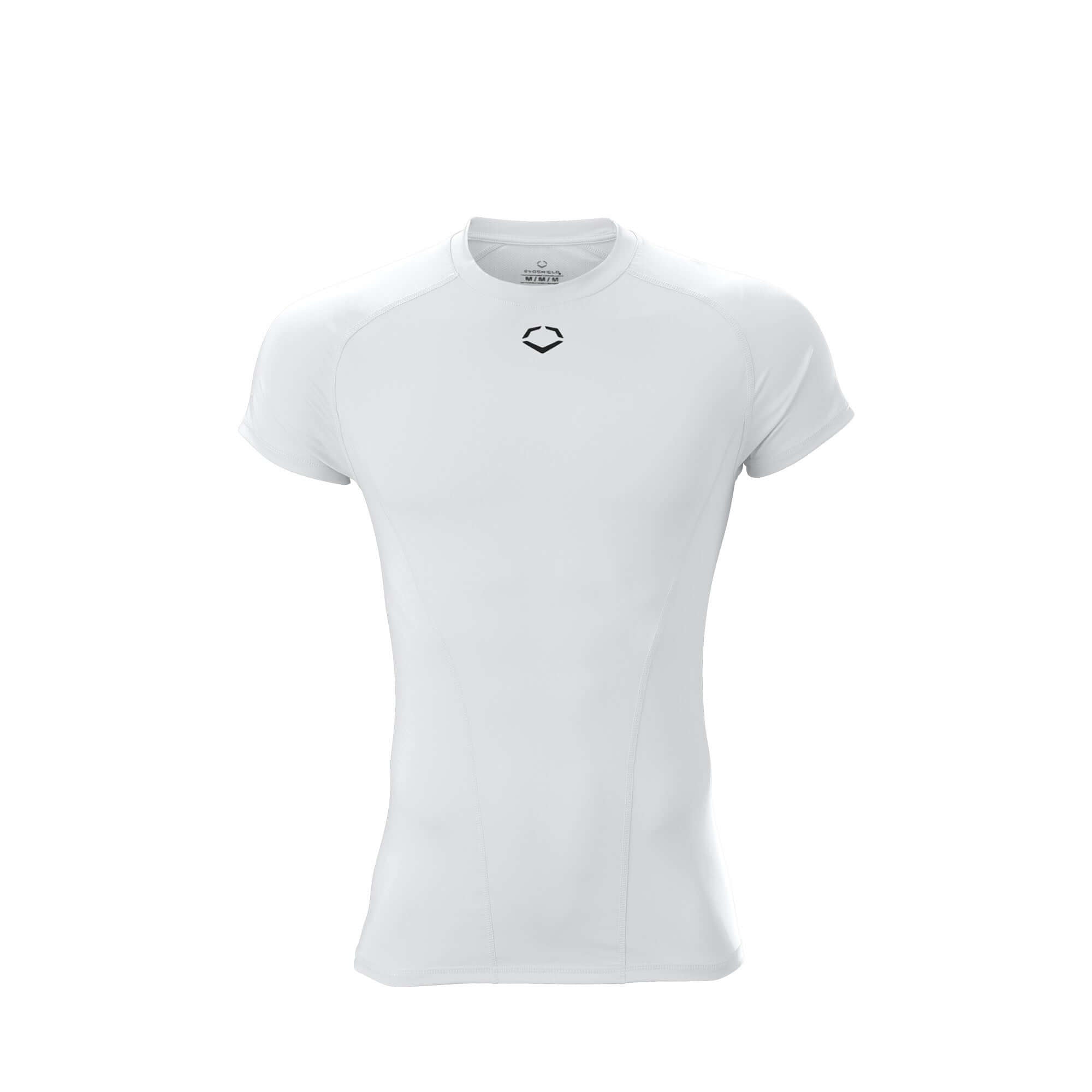 Evoshield youth compression shirt in white, featuring moisture-wicking fabric for enhanced performance and comfort.