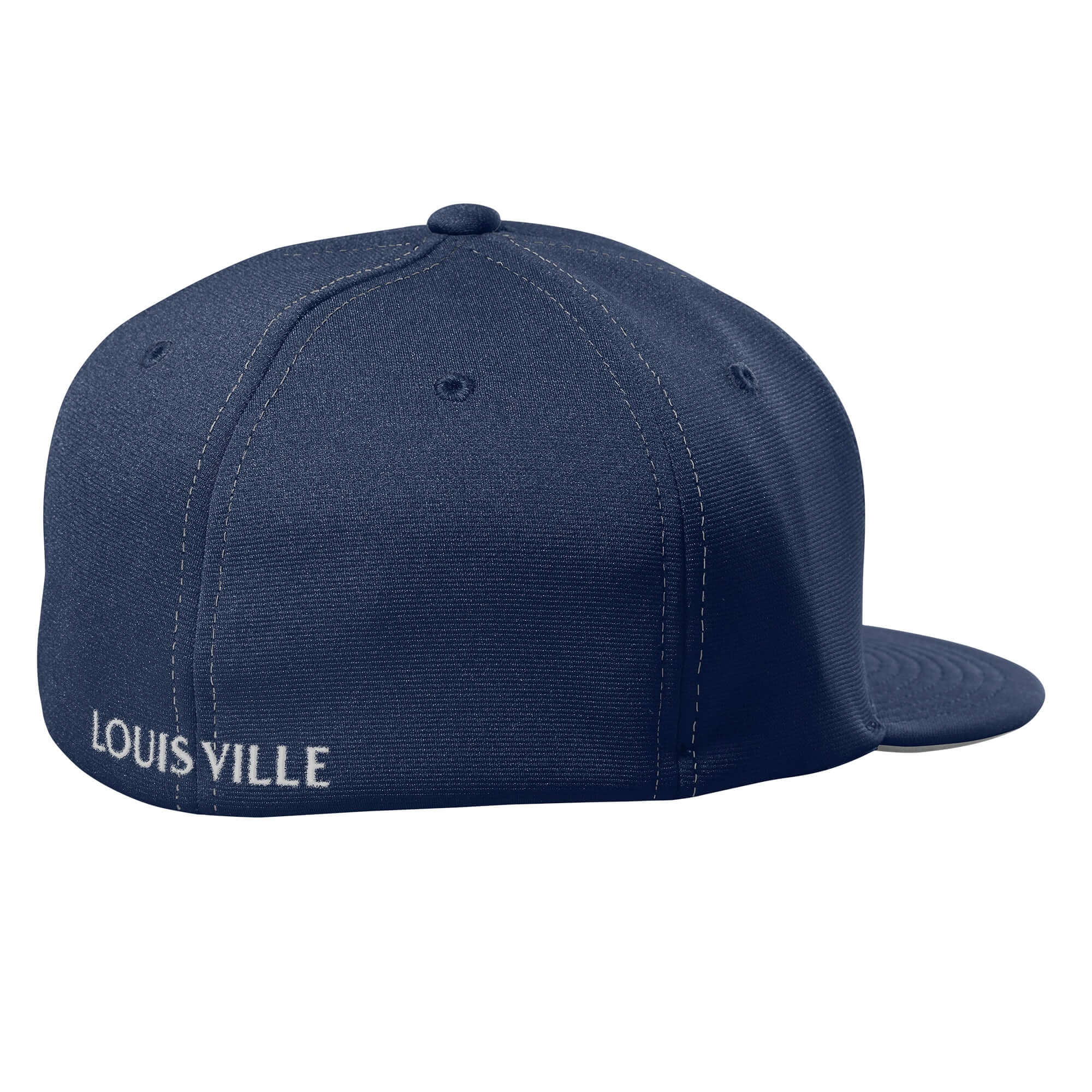 Louisville Slugger Merica Flexfit Hat showing the back with "LOUISVILLE" embroidered in white on navy fabric.