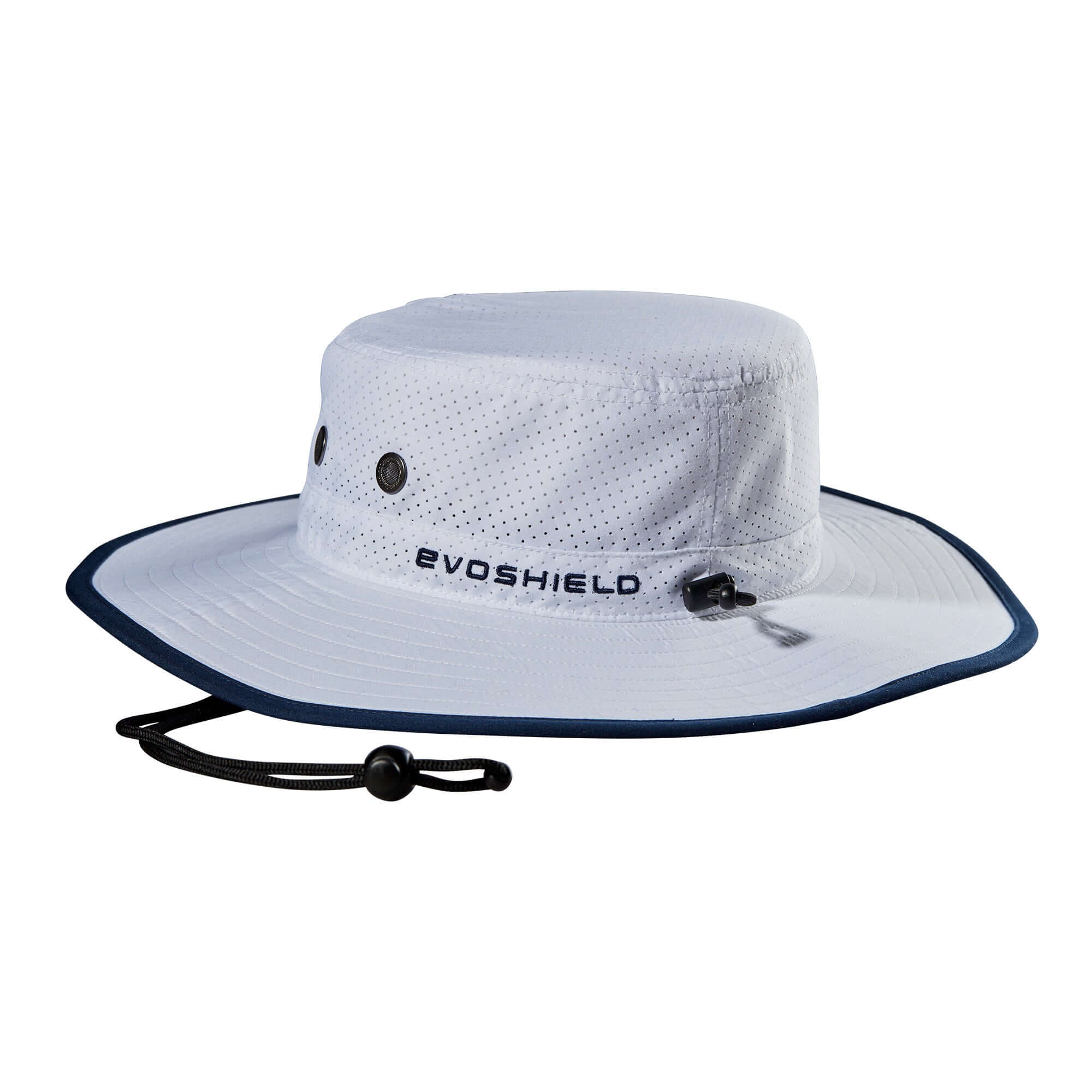 Evoshield white bucket hat with adjustable strap and logo, perfect for sun protection during outdoor activities.