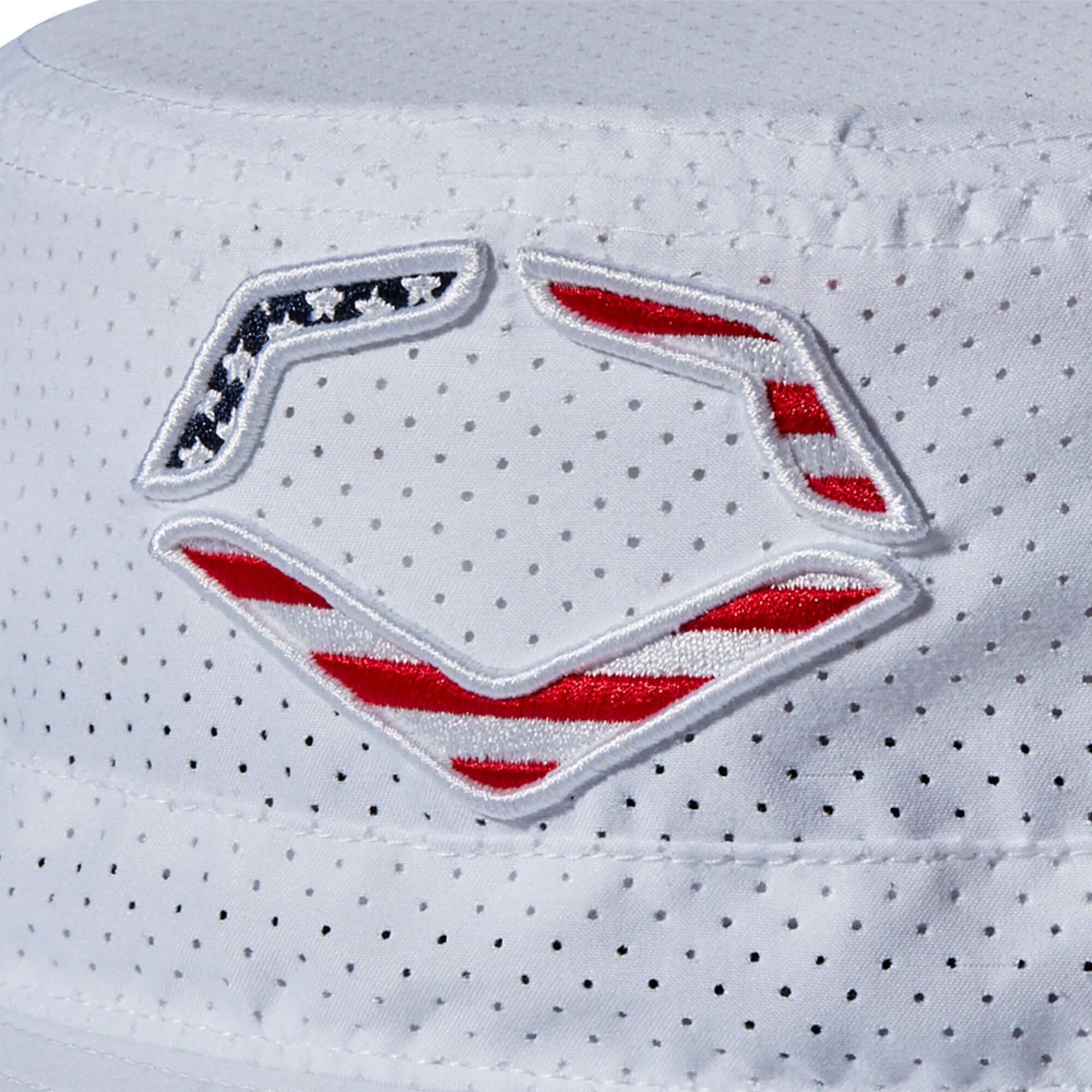 EvoShield Bucket Hat white with USA flag embroidered logo featuring stars and stripes design.