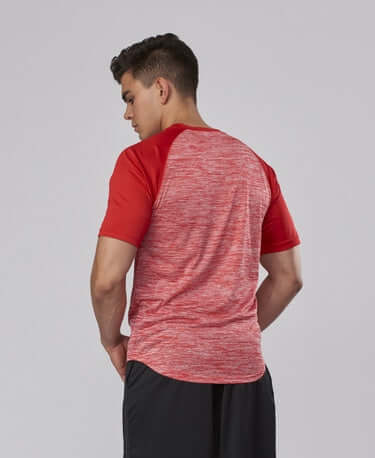 Back view of man wearing Evoshield E304 performance pullover tech tee in scarlet, showcasing lightweight and breathable design.