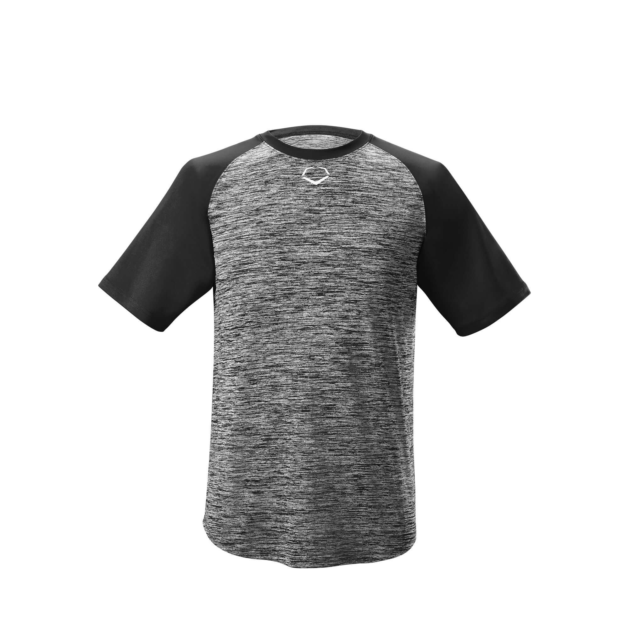 Evoshield Adult E304 Performance Pullover Tech Tee in black and gray, lightweight, moisture-wicking, athletic fit shirt.
