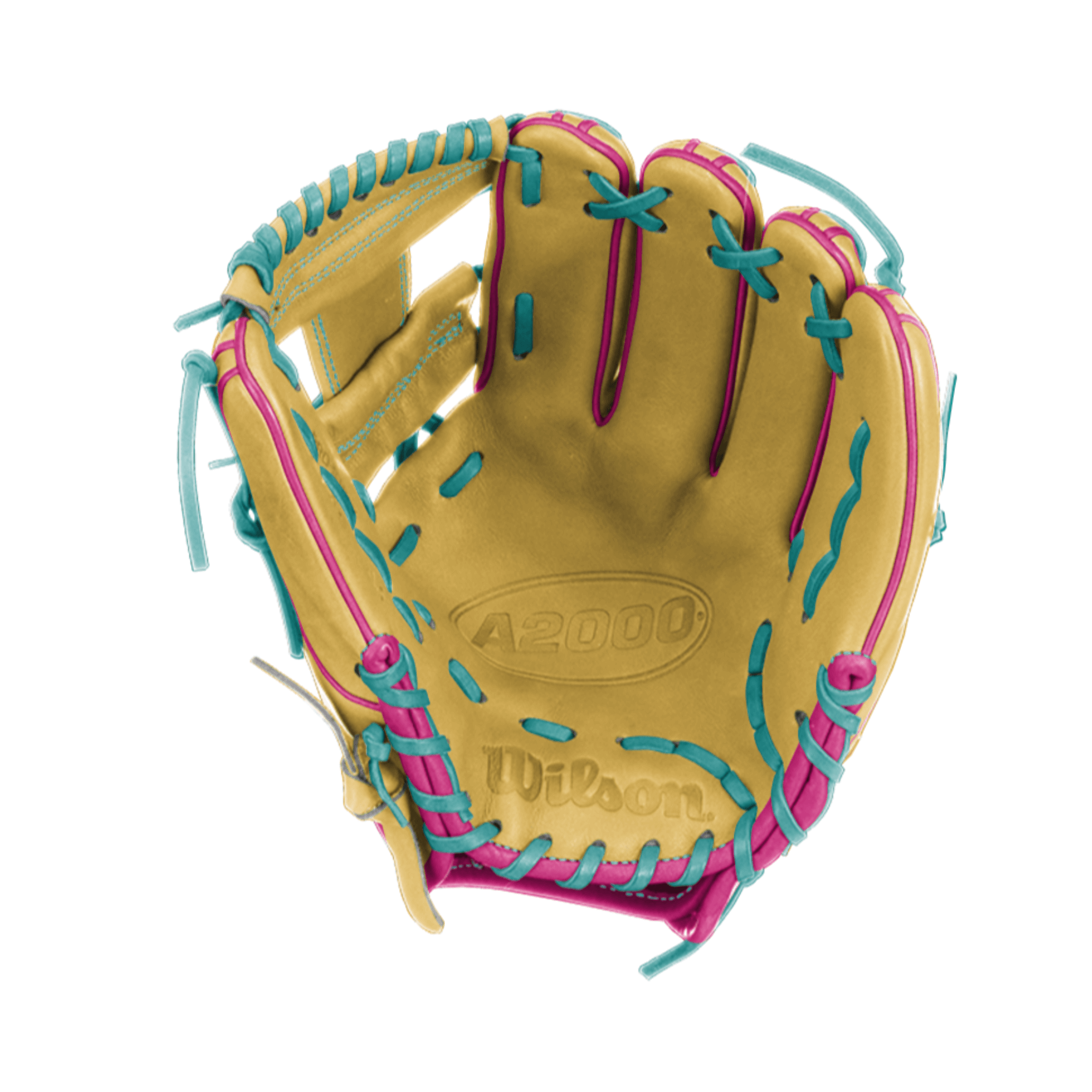 Close-up of Wilson A2000 1786 palm in Scottsdale Blonde, highlighting premium leather and craftsmanship.