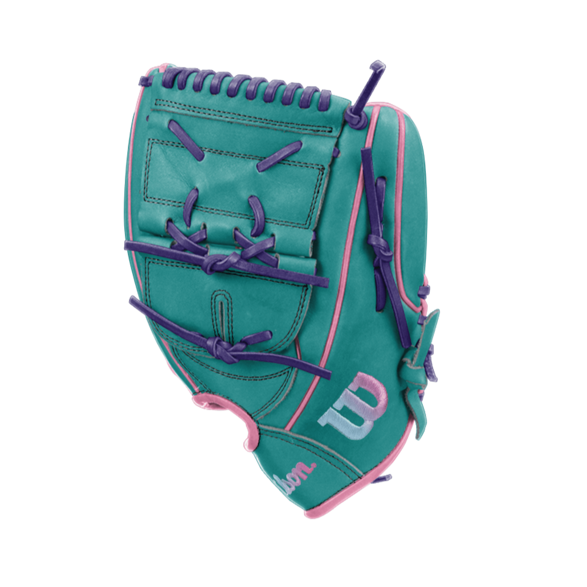 Side view of Wilson A2000 B2, showcasing the reinforced thumb and distinctive web design for superior ball concealment.