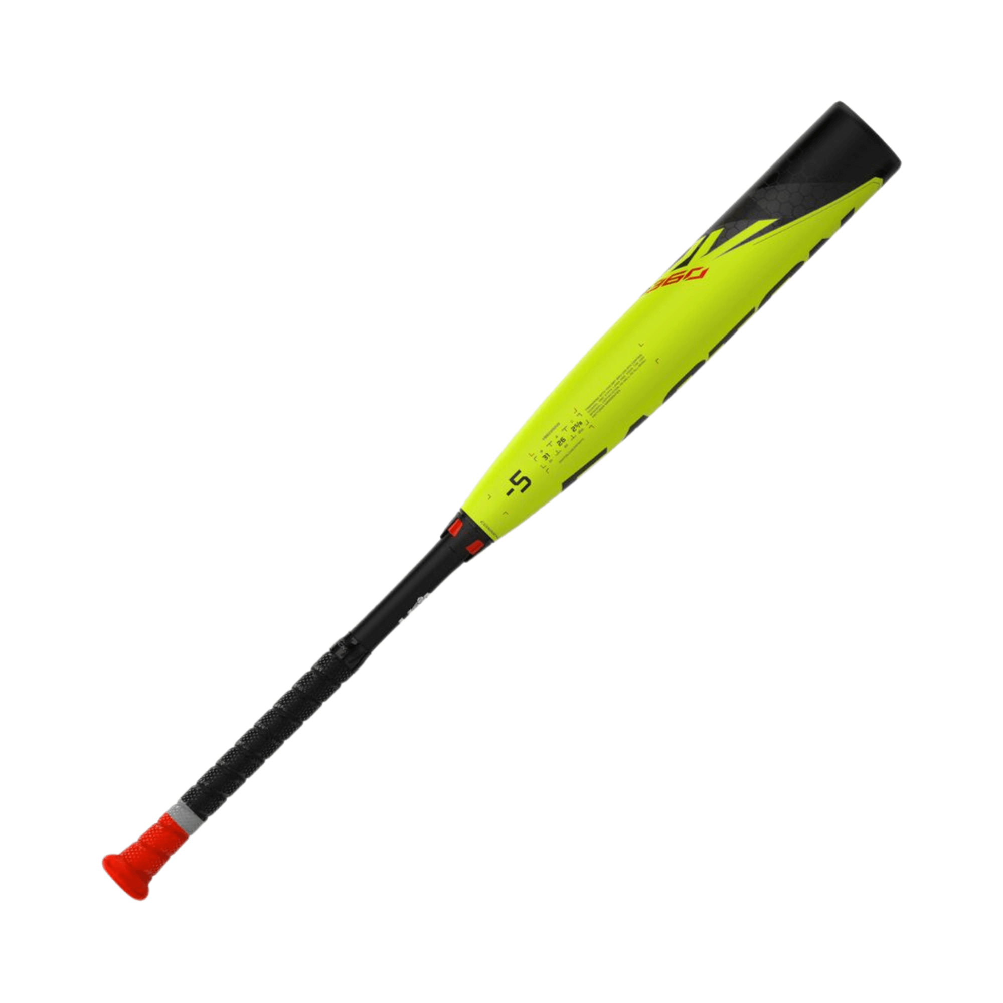 Easton ADV 360 -5 youth baseball bat with a bright yellow and black design and red grip, ideal for young players.