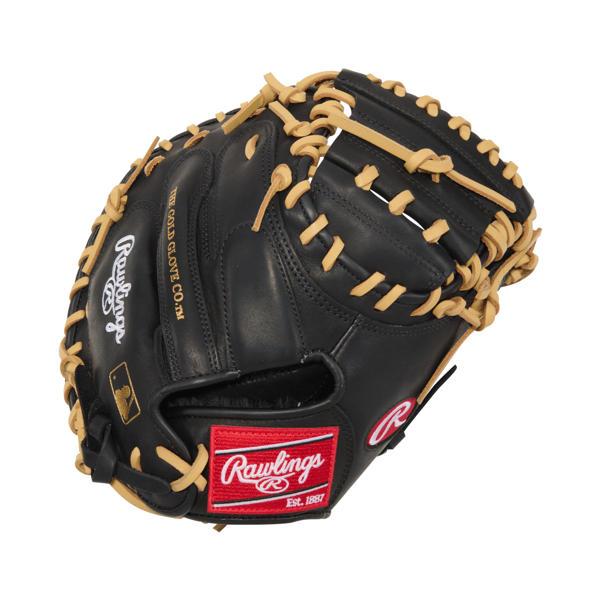 Rawlings R9 Contour Series 32" Catcher's Mitt in black and camel, designed for durability and effective catching.