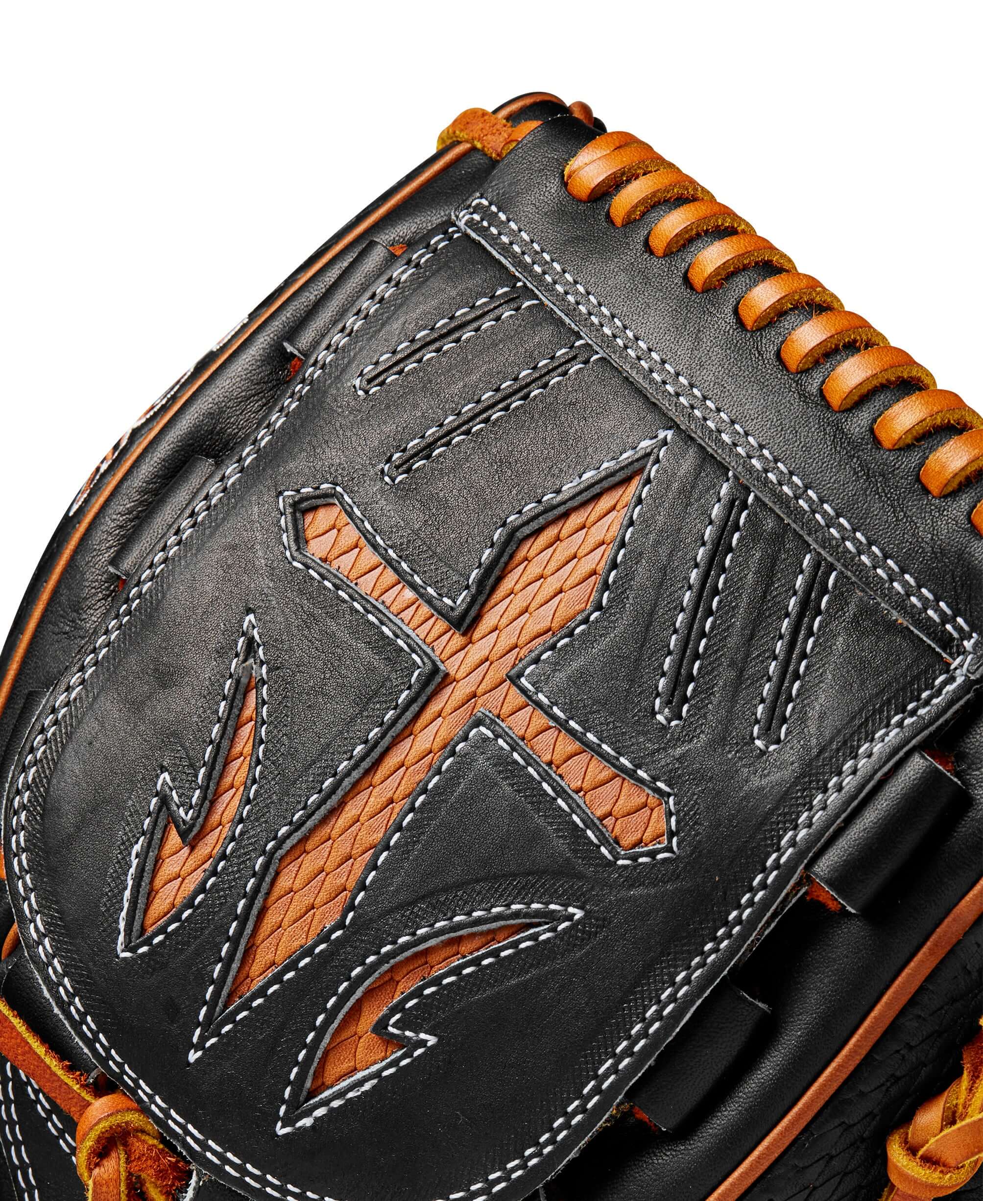 Close-up of the Wilson A2K B23 pitcher's glove design featuring black leather and intricate stitching details.