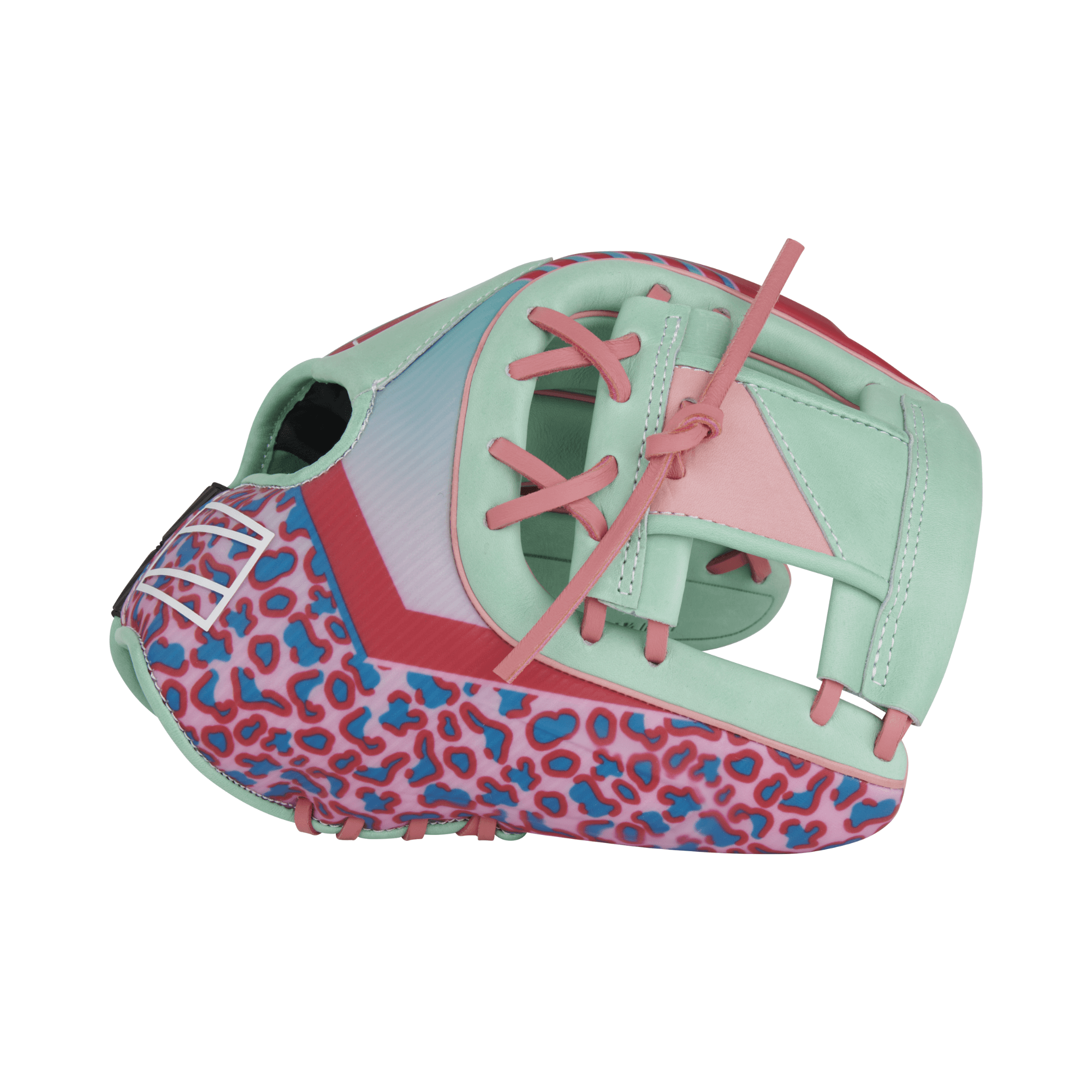 Rawlings Heart Of The Hide Color Sync 8.0 baseball glove with leopard-print trim and mint green leather, 11.75 inches RHT.