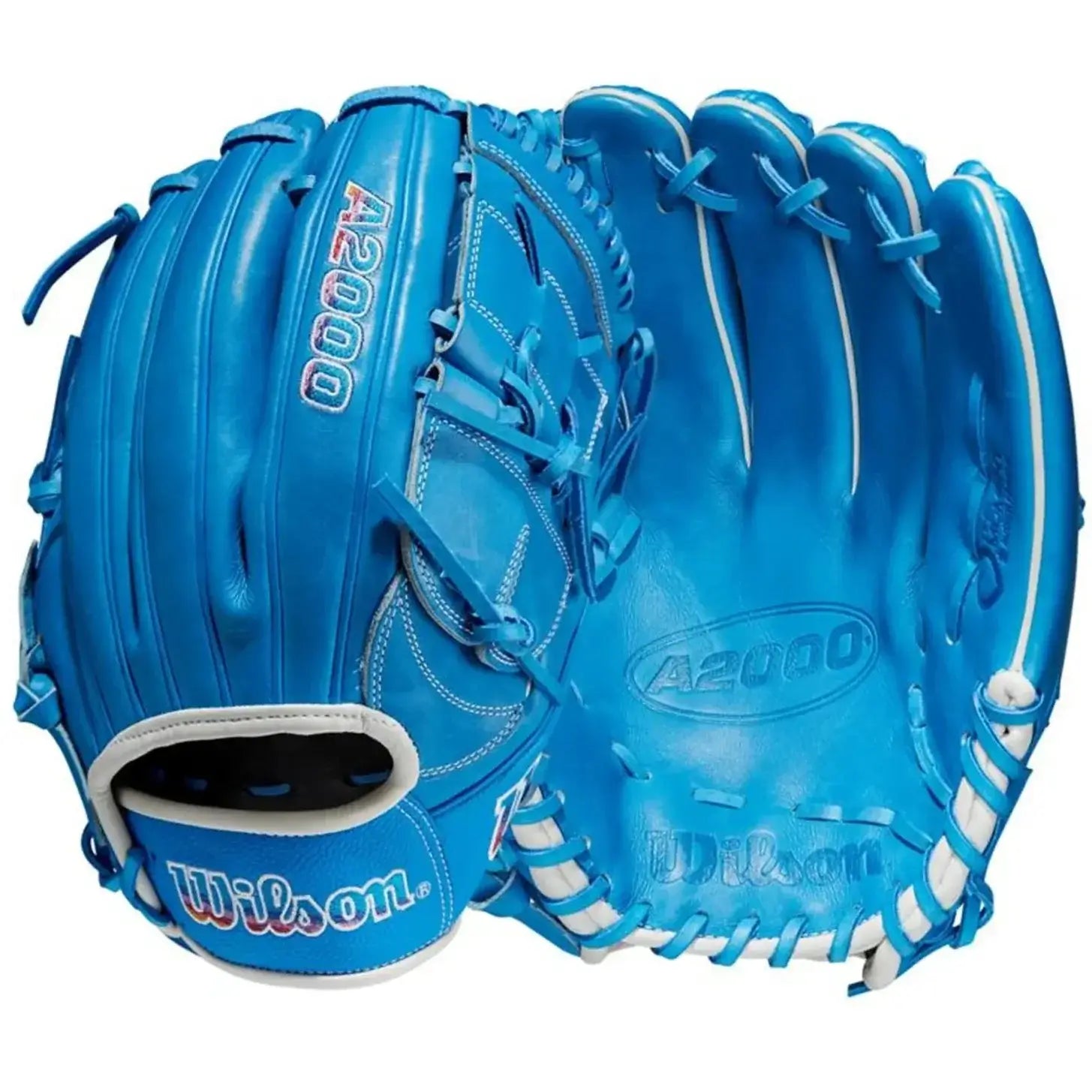 Wilson A2000 B2 12-inch pitcher glove in Autism Speaks Blue, featuring SuperSkin and Closed Two-Piece Web design.