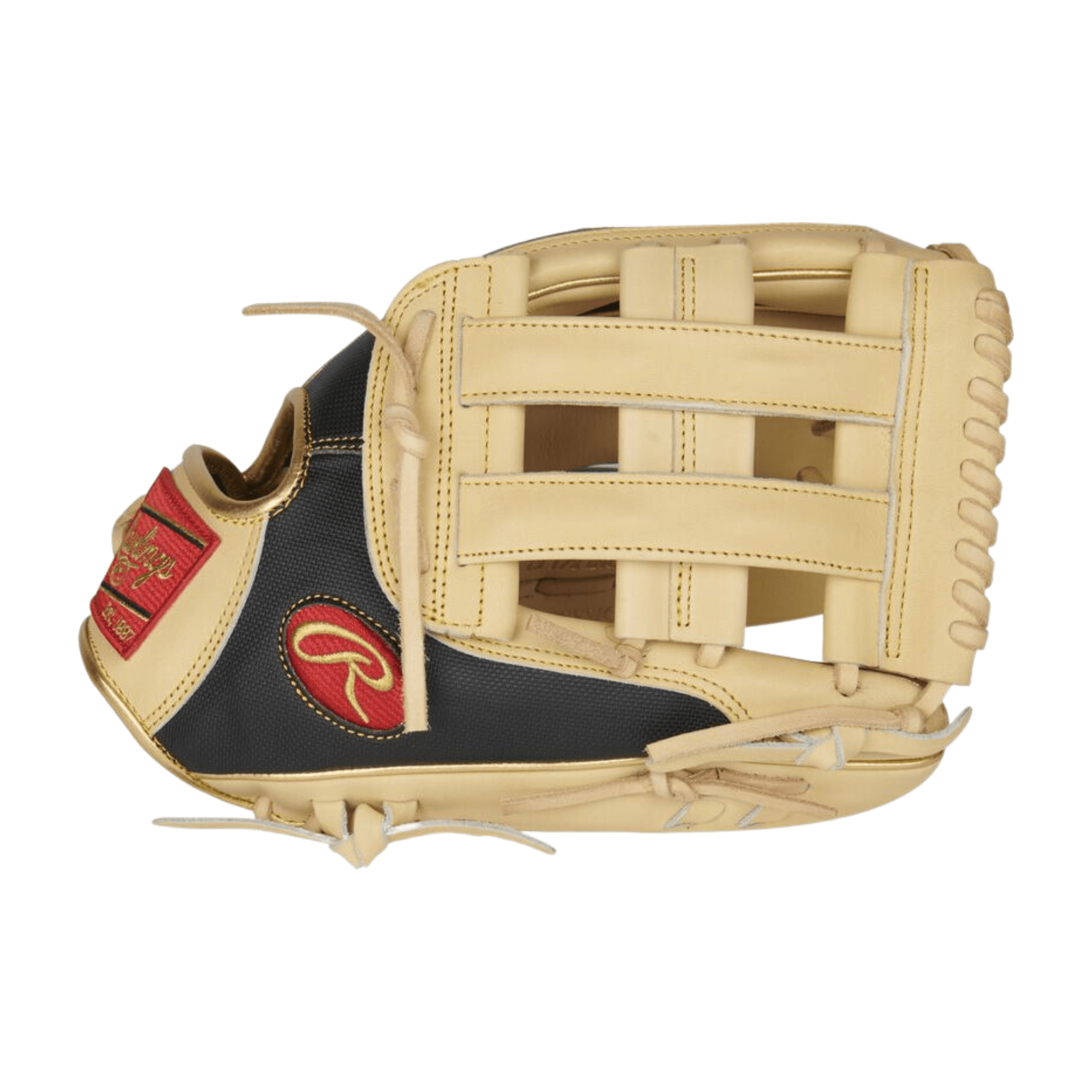 Rawlings 12.5-inch Heart Of The Hide R2G Contour Fit outfield glove in tan and black, showcasing premium steer-hide leather.