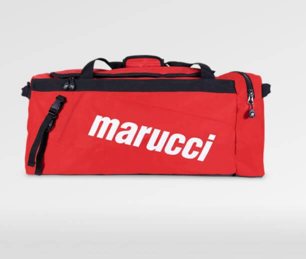 Marucci Team Utility Duffel Bag in red with white logo, designed for carrying sports gear and bats.