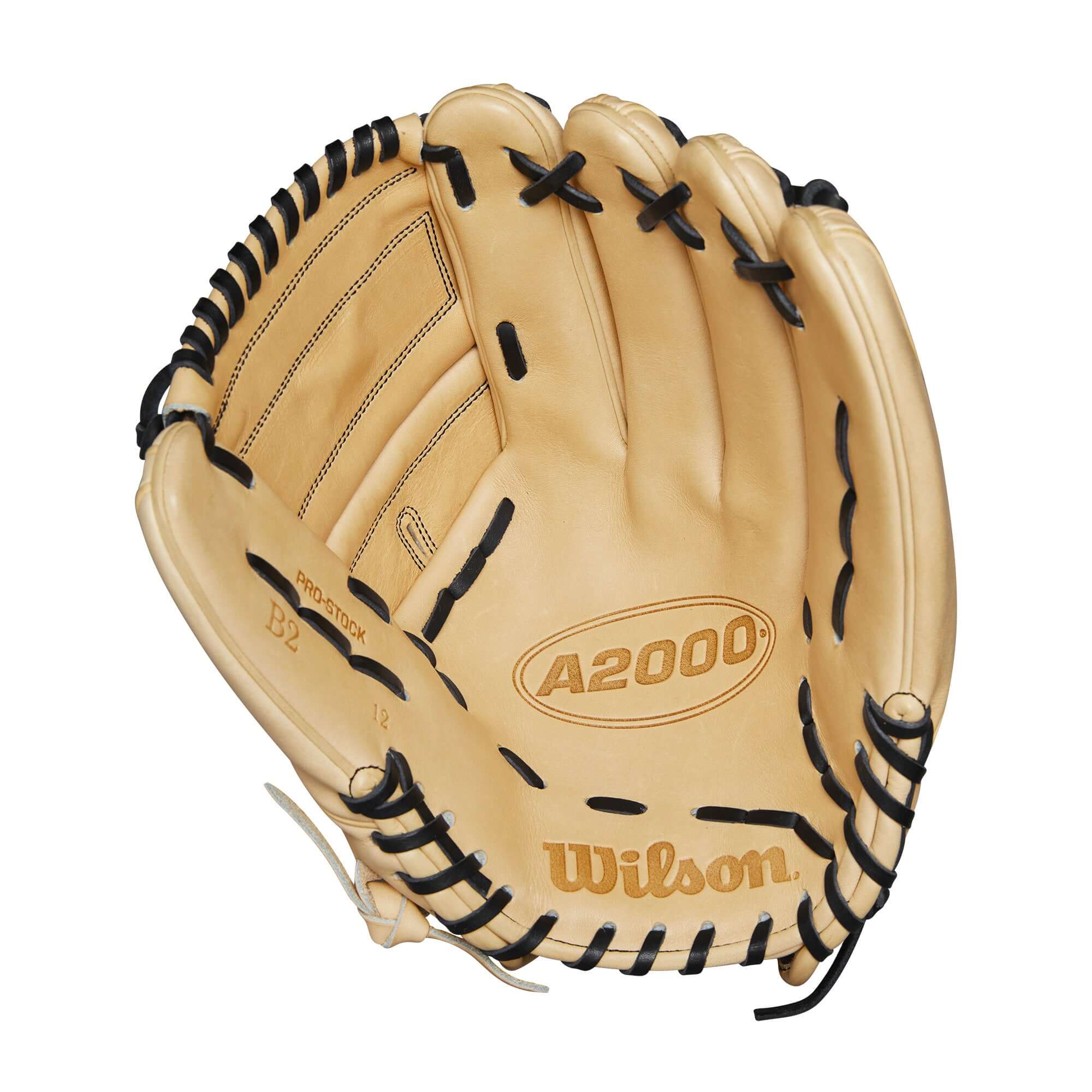 Wilson 2024 A2000 B2 12" pitcher's glove in blonde leather with black lacing, featuring closed two-piece web design.