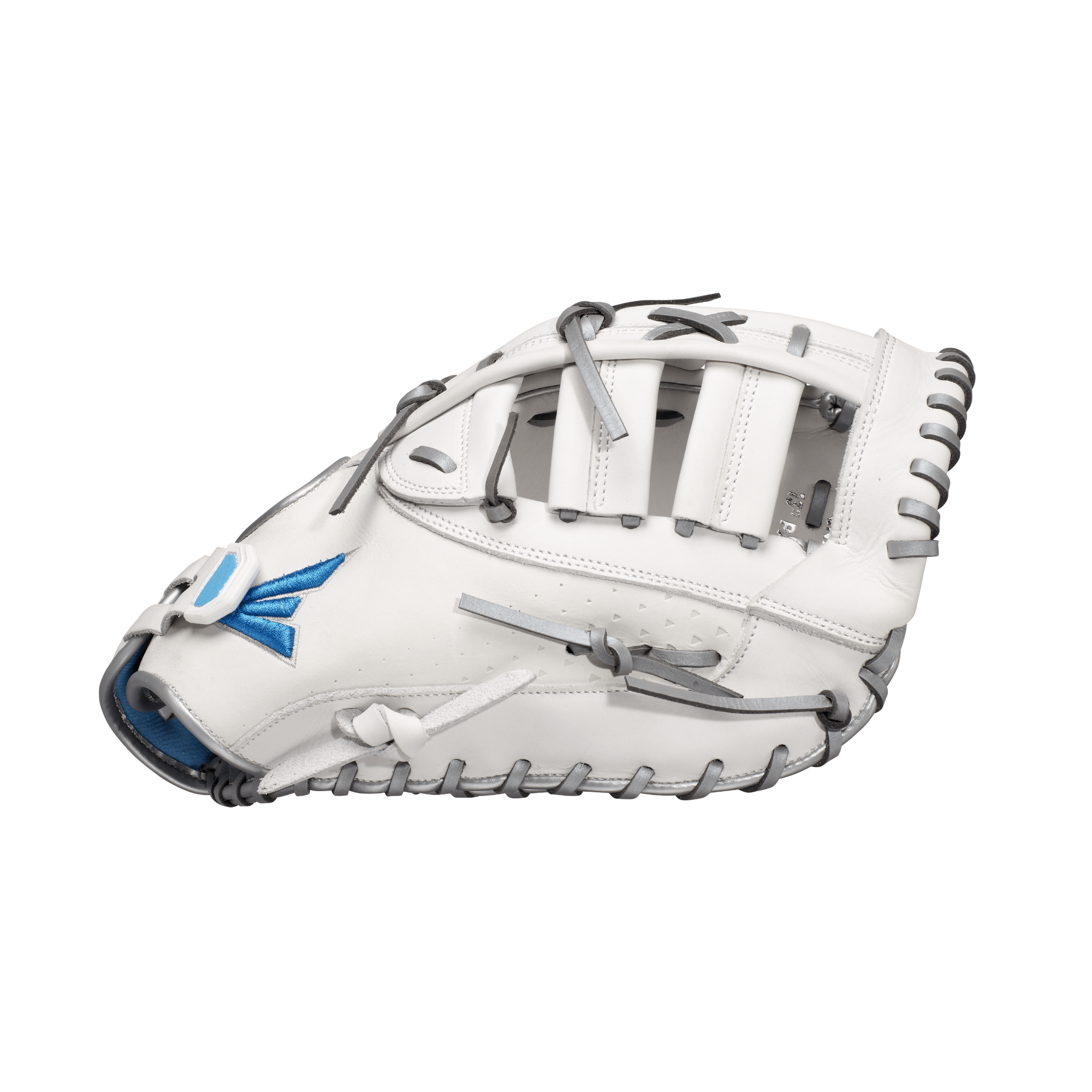 Easton Ghost NX 13" Right Hand Throw First Base Mitt Softball Glove in white and blue with diamond leather design.