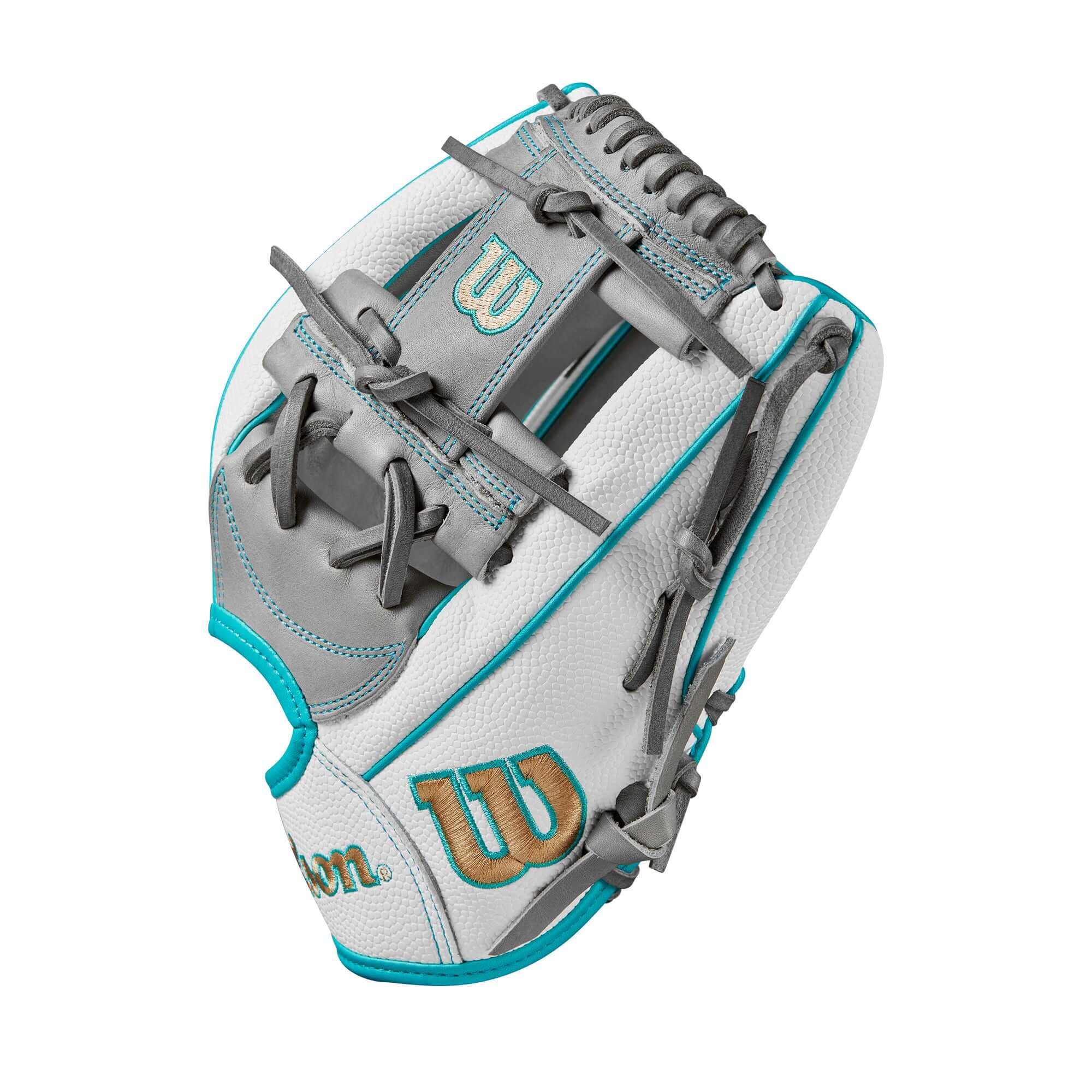 Wilson 2024 A2000FP H75 Infield Fastpitch Glove in Black, Grey, and Teal for quick transfers and lasting performance.