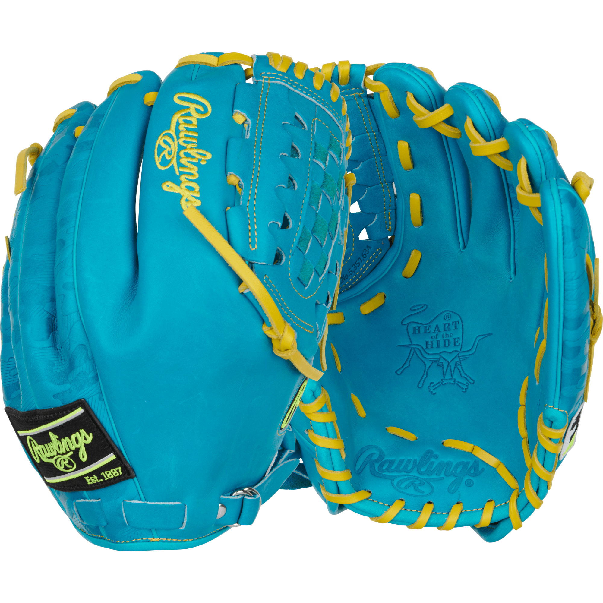 Back and palm view of Rawlings 12'' Colorsync 9.0 Pitcher's Glove in all-teal with vibrant yellow laces.