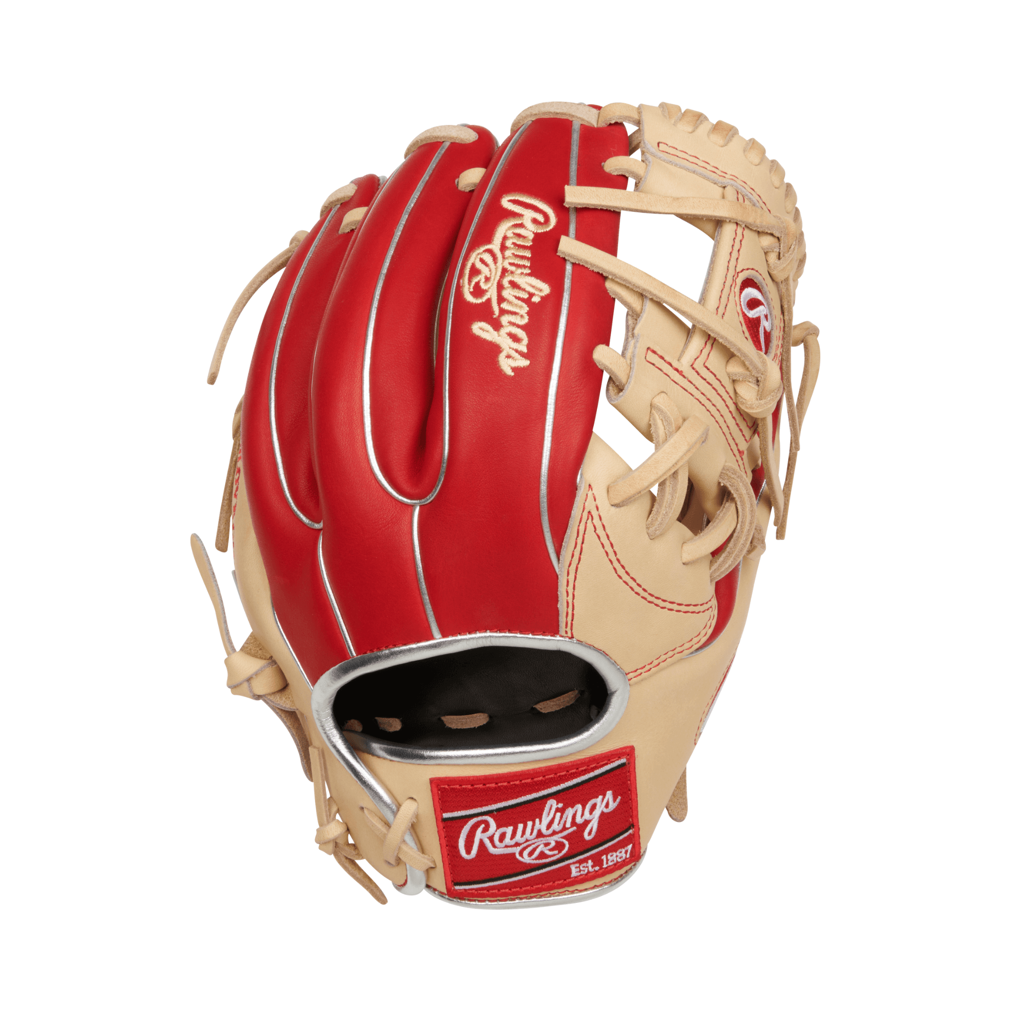 Rawlings R2G Heart Of The Hide 11.5" infield baseball glove in camel and scarlet, perfect for serious players.