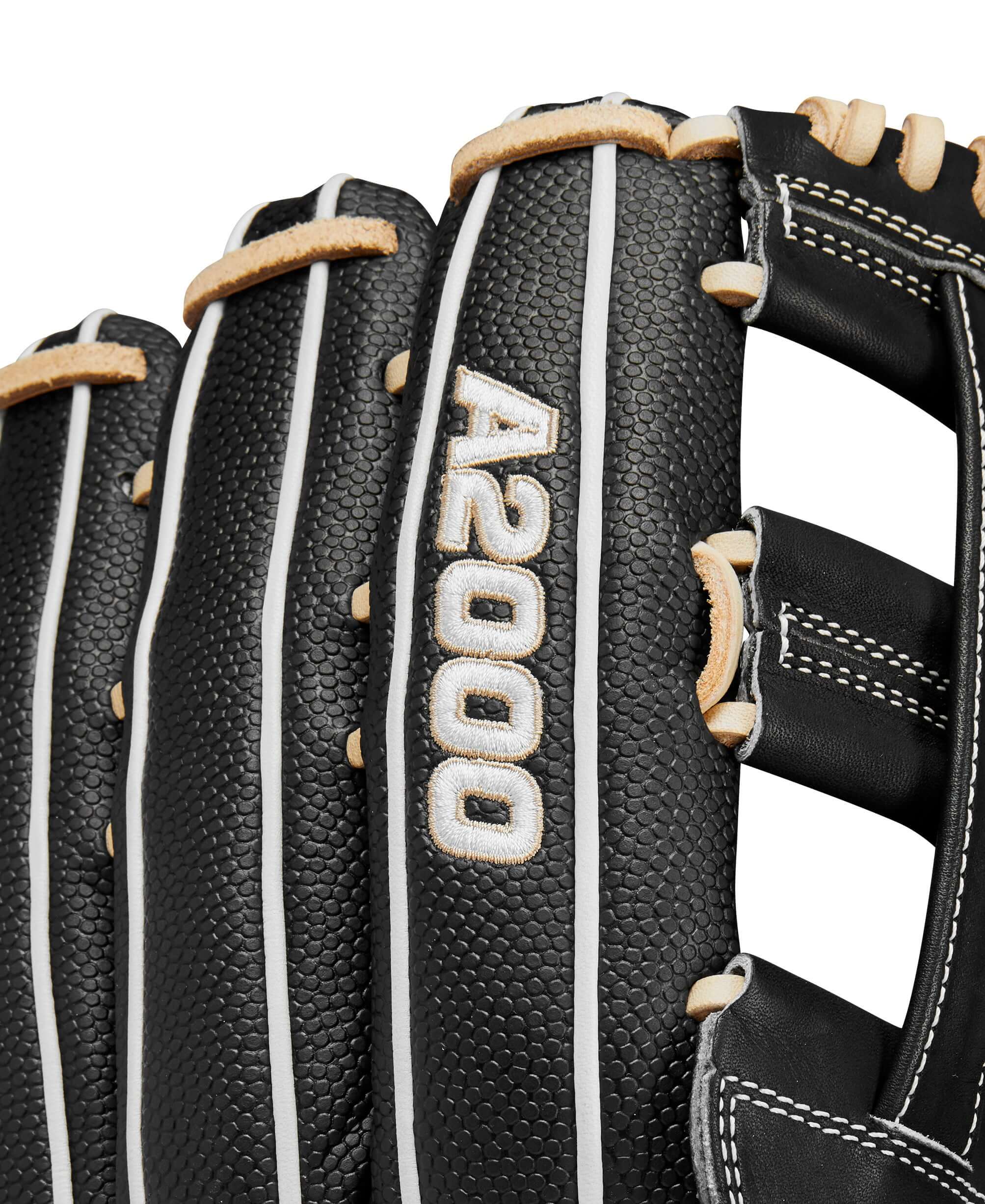 Close-up of Wilson A2000 PF50SS outfield glove showing black leather design and white stitching details.