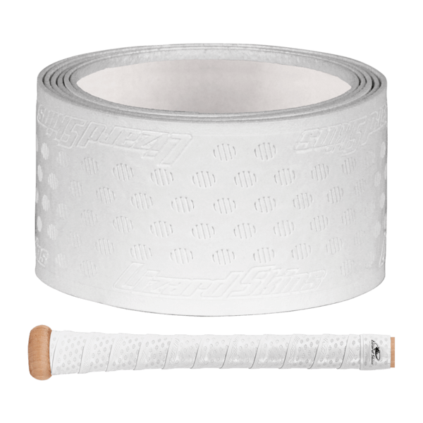 Lizard Skins DSP Ultra Bat Grip - 0.5 mm, white grip roll with dotted pattern and wrapped baseball bat handle, side profile.