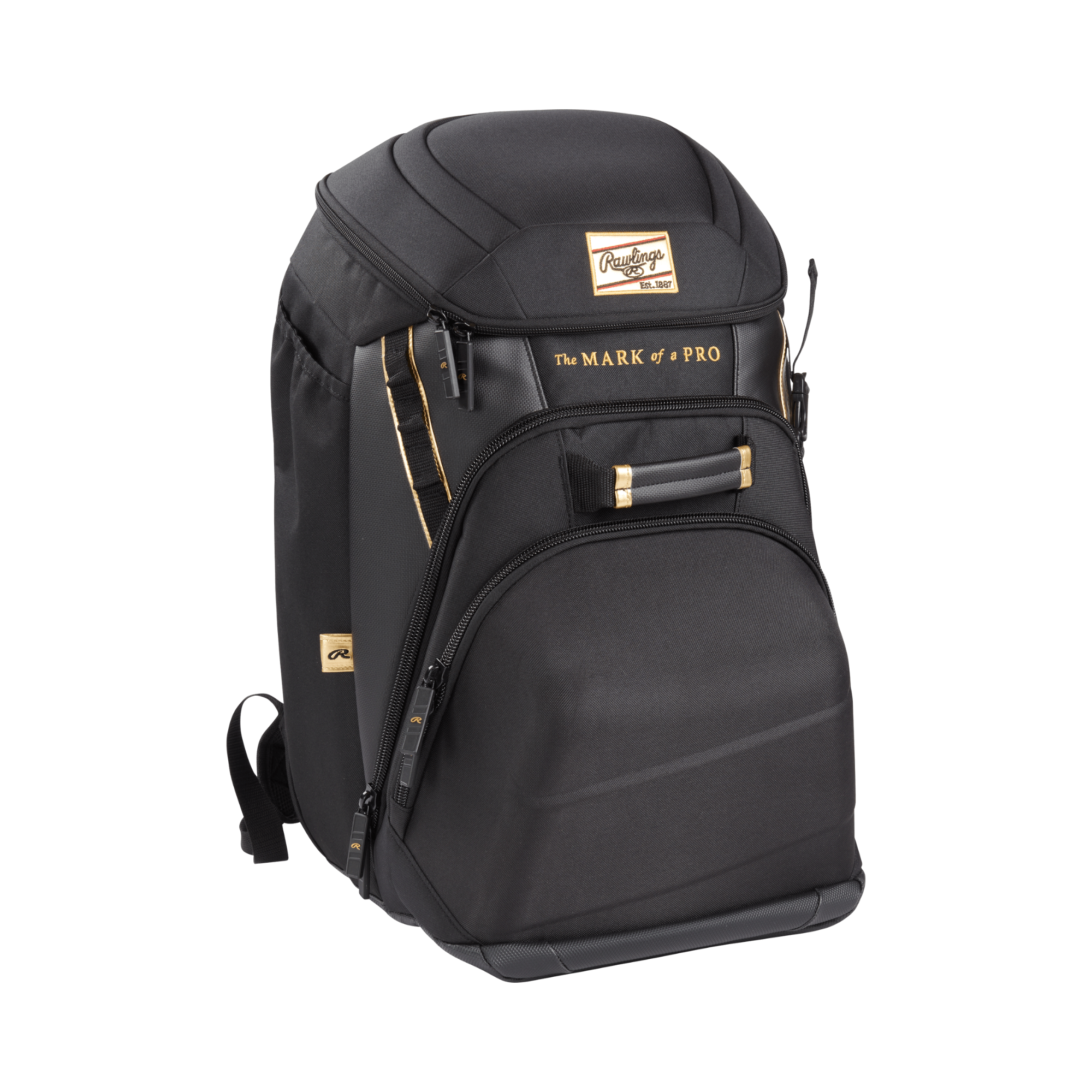 Rawlings Gold Collection Backpack with protective glove crib and sleek black design for baseball players.