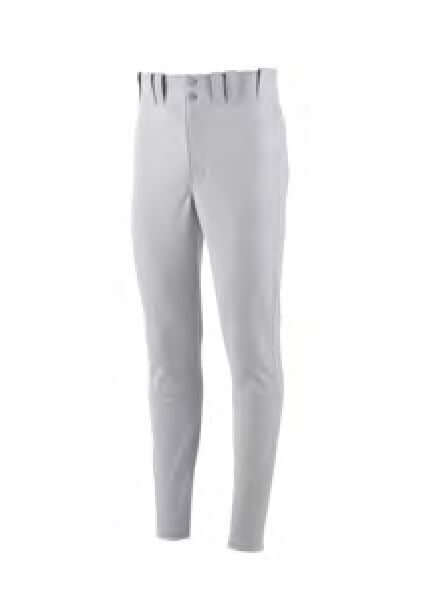 Mizuno Premier Pro Tapered Pant in light gray, made of 92% polyester and 8% spandex, featuring a fitted design and back pockets.