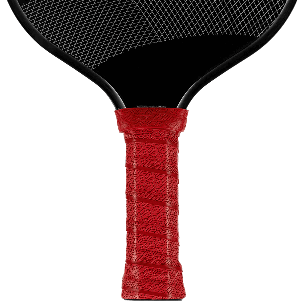 Lizard Skin DSP Ultra Pickleball Grip in crimson red on a pickleball paddle, showcasing premium texture and durability.
