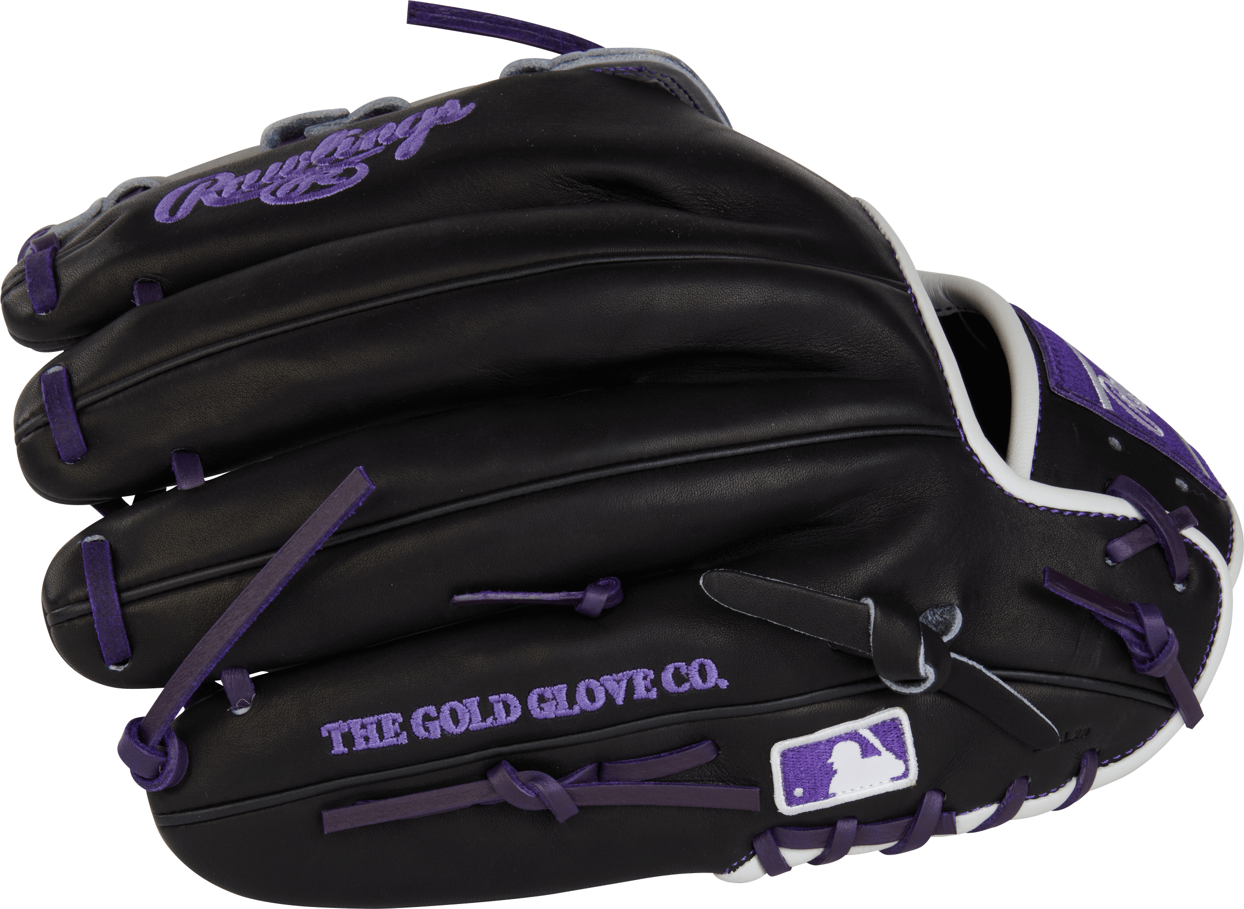 Rawlings Gold Glove Club Heart of the Hide infield glove with purple and black design, 12.25" size, featuring embroidered logo.