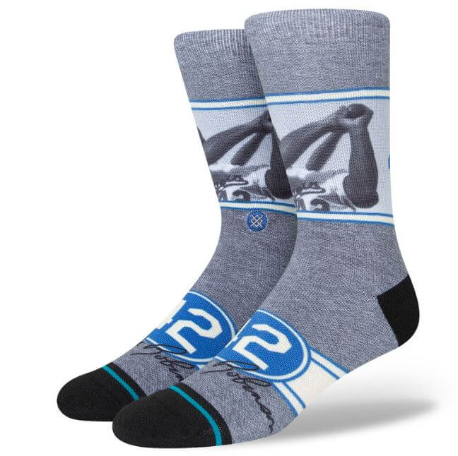 Stance Crew Socks Jackie Robinson, side view featuring grey and black design with number 42 and black toe accents.