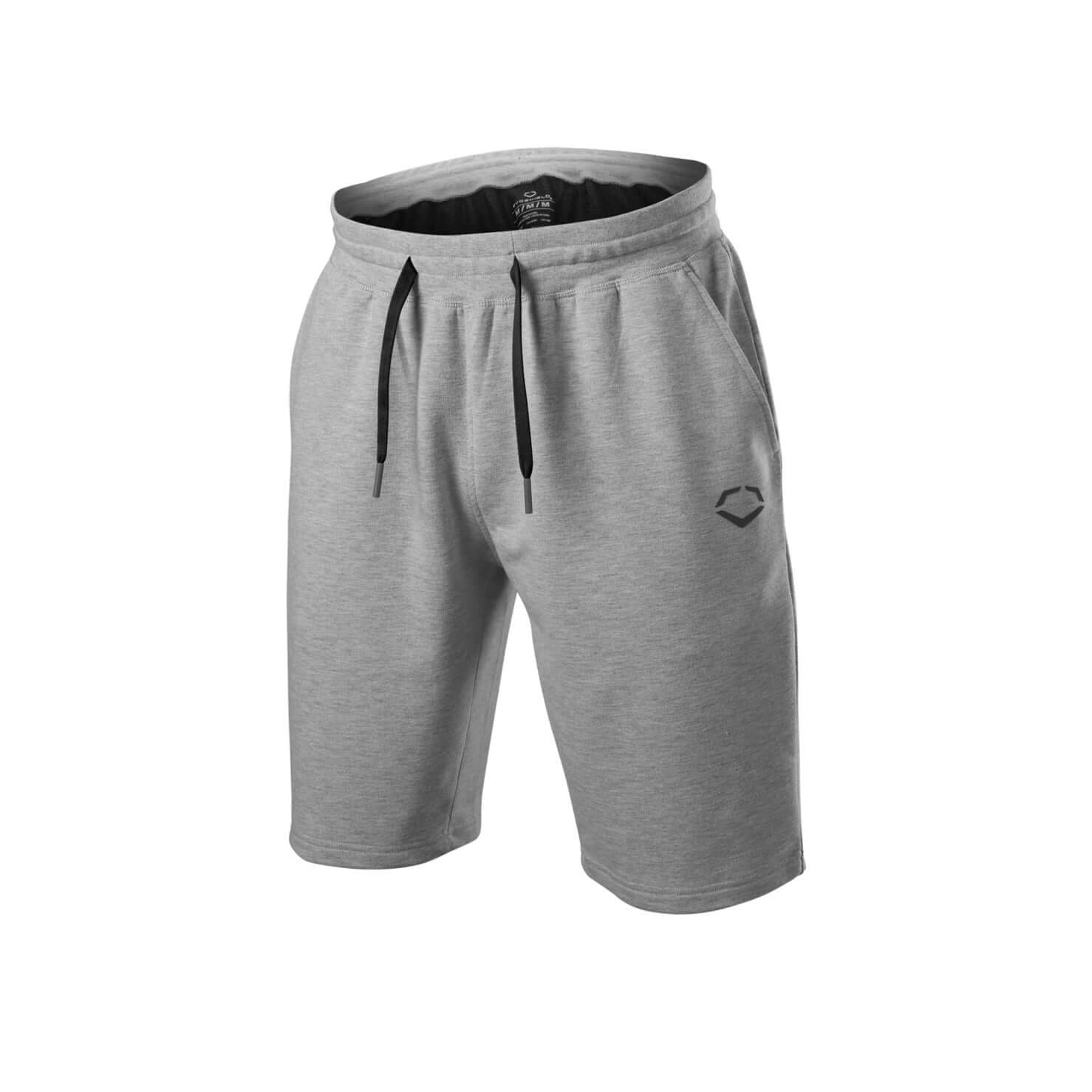 Front view of gray Evoshield Pro Team Clubhouse Shorts with black drawcord and logo.
