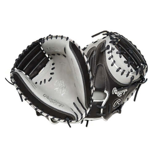 Rawlings ColorSync 7.0 34" catcher's mitt in black and gray, featuring one-piece web and Heart of the Hide leather.