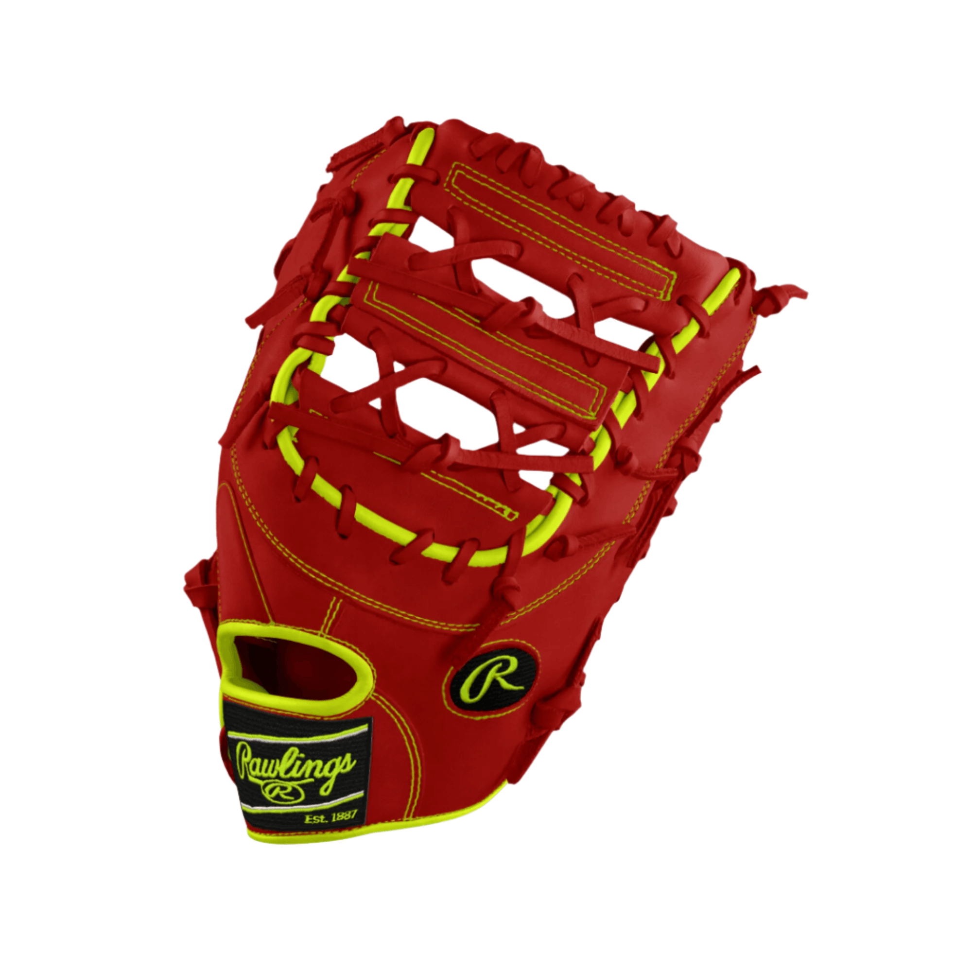 Rawlings Custom Pro Preferred 12 3/4 Scarlett/Optic Yellow 1B glove showcasing expert craftsmanship and vibrant colors.