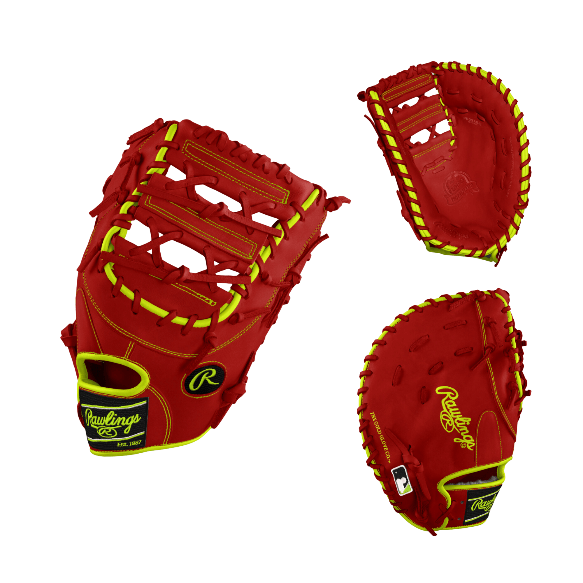Rawlings Custom Pro Preferred 12 3/4 Scarlett/Optic Yellow 1B Glove showcasing expert craftsmanship and vibrant colors.