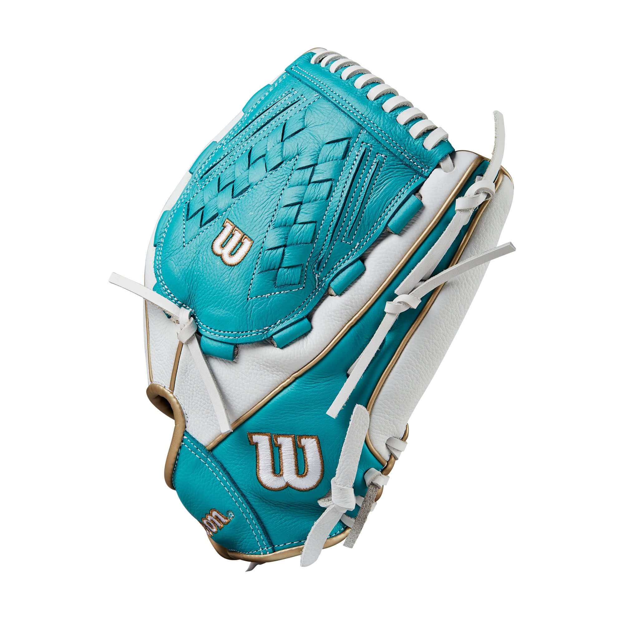 Wilson 2024 A500 Siren 12.5 Youth Outfield Fastpitch Softball Glove in teal and white with gold accents.