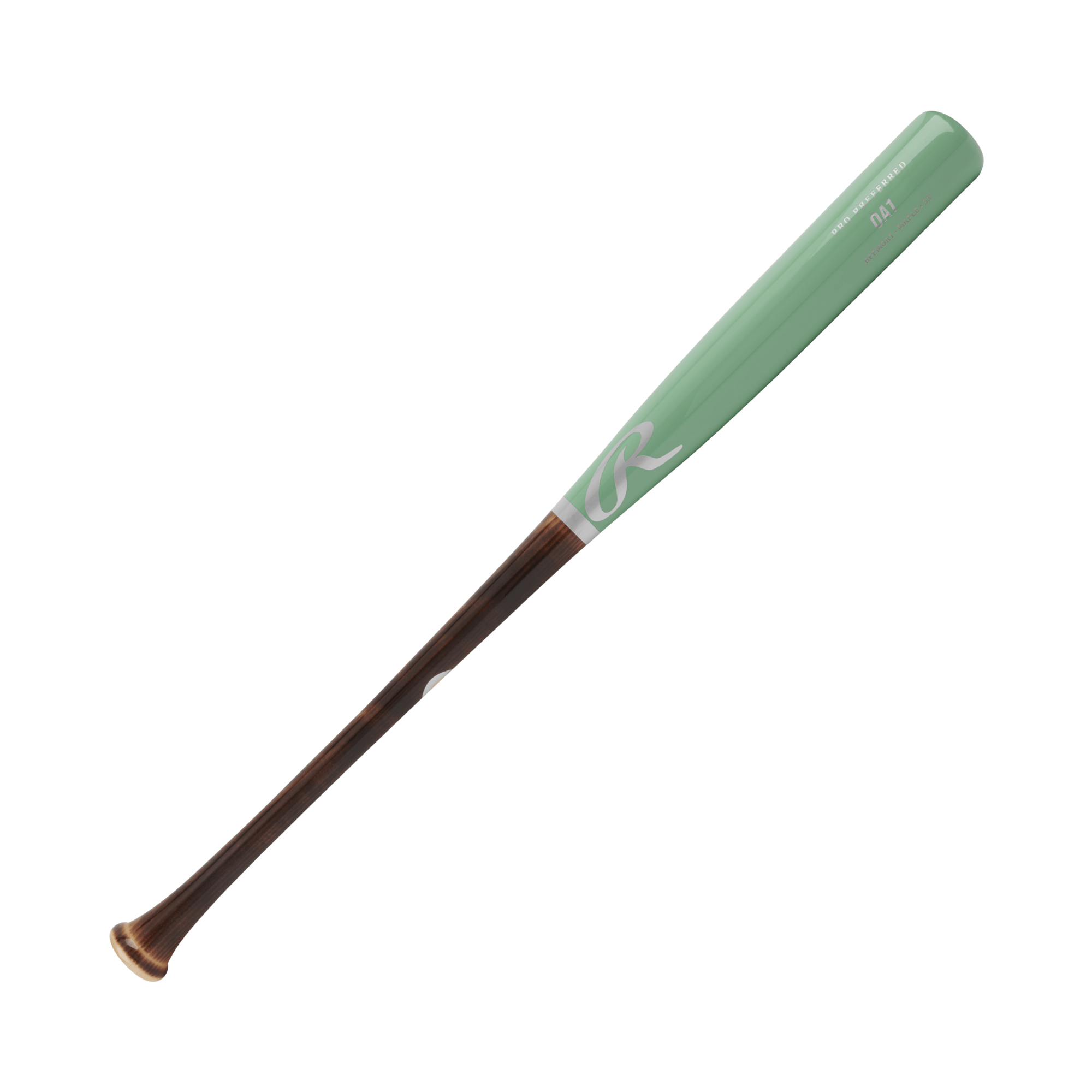 Rawlings Pro Preferred OA1 Maple Wood Bat in mint green and dark wood, designed for powerful performance in baseball.