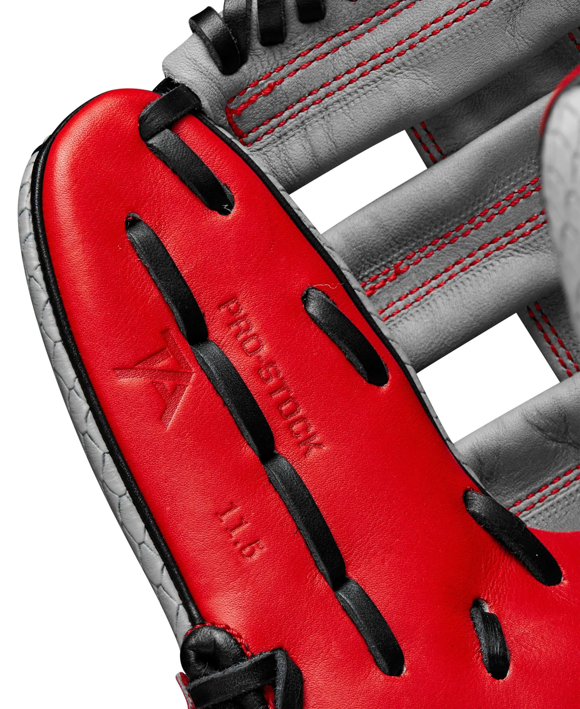 Close-up of the interior of Wilson A2000 Tim Anderson glove showcasing red Pro Stock leather and 11.5" size details.