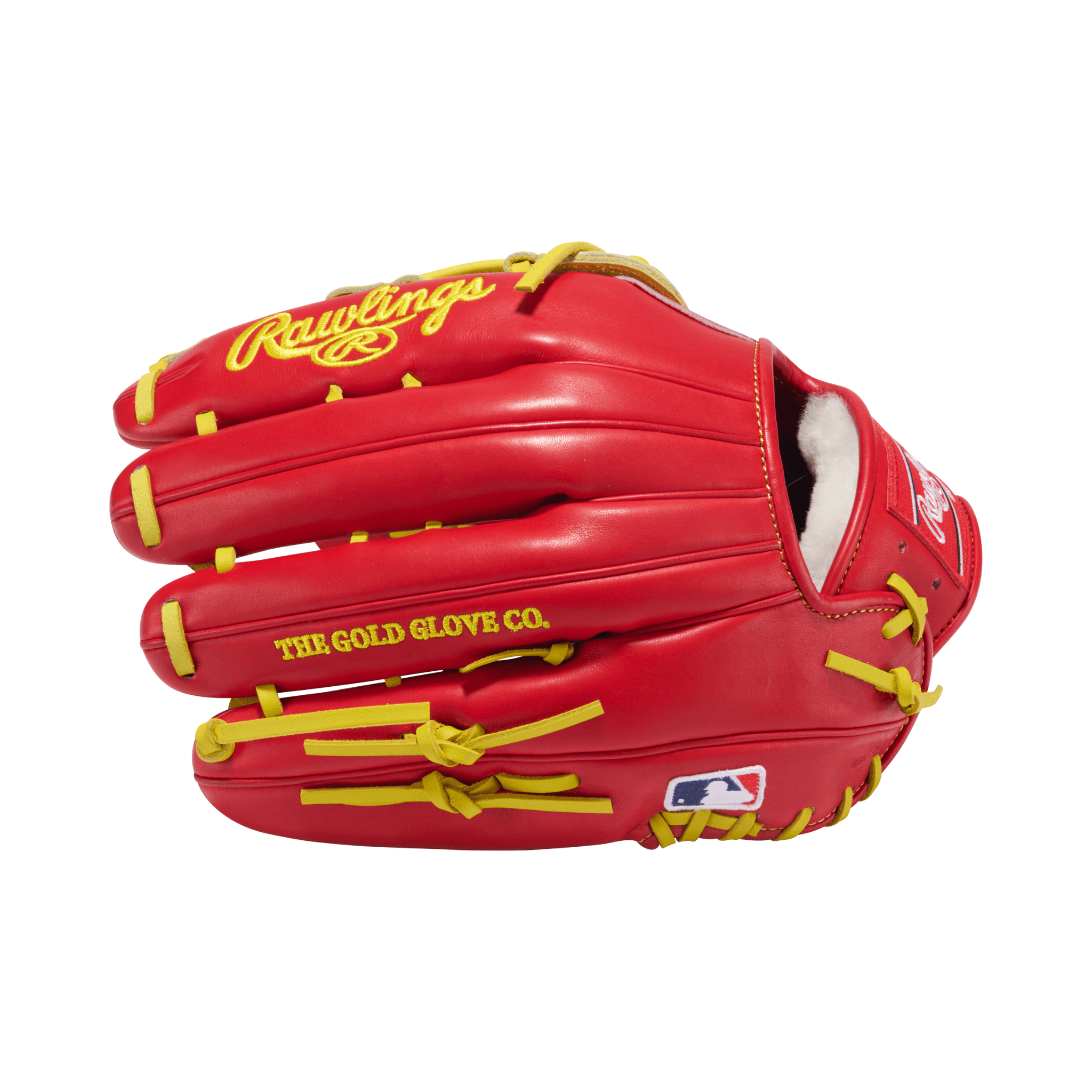 Close-up of finger stalls on Rawlings Pro Preferred 12.75" Scarlet/Yellow outfield glove with strong lacing and Pro H™ web design