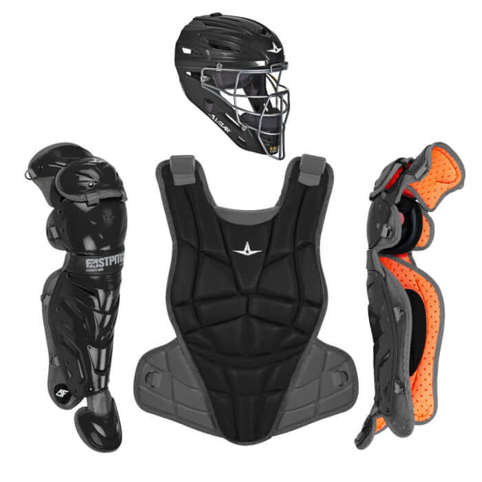 All-Star AFx Fastpitch Catching Kit / Medium in black, featuring helmet with I-BAR VISION cage, chest protector, and leg guards, front view.