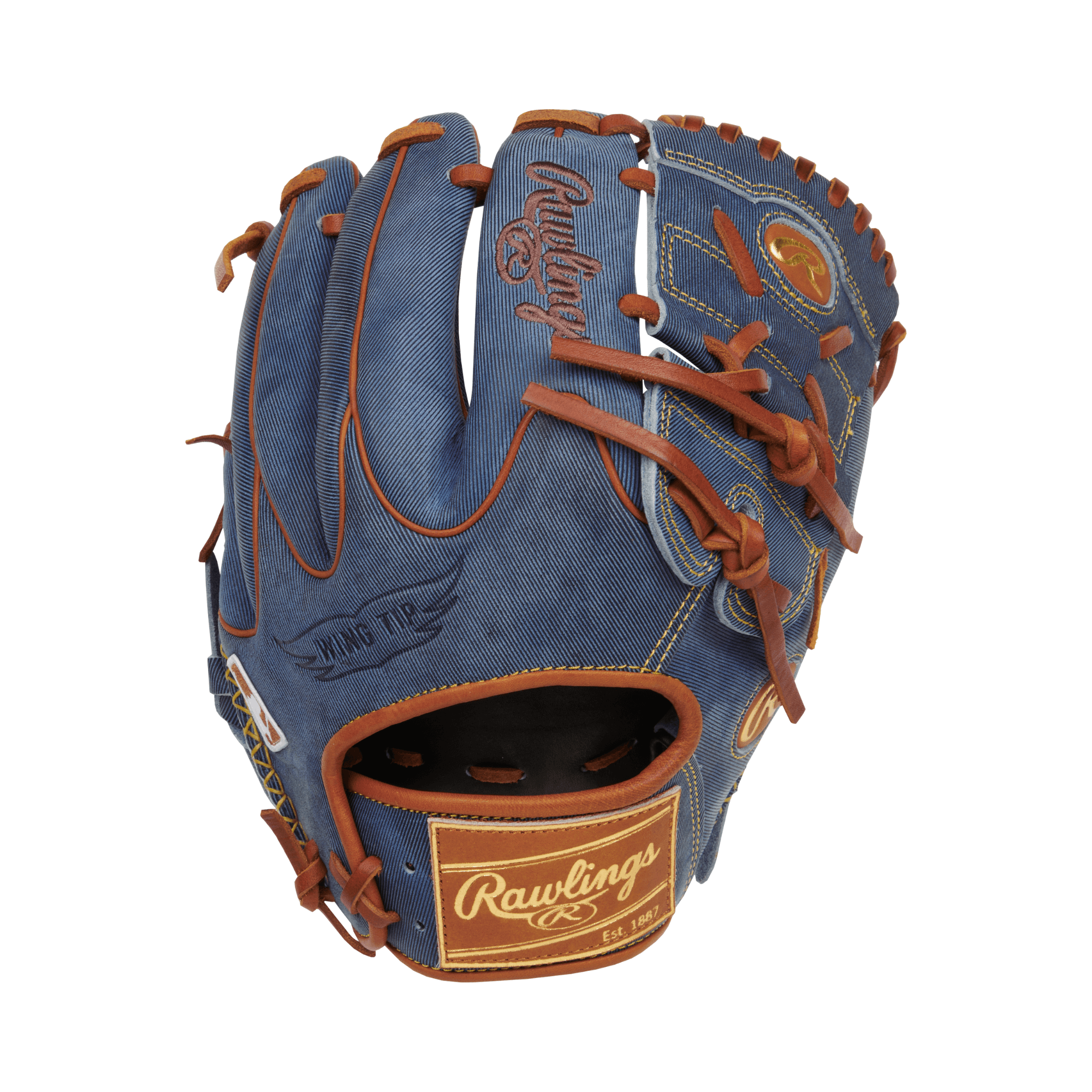 Rawlings Heart of the Hide Pro Label Denim Edition Pitcher Glove 11.75" LHT with denim finish and brown stitching.