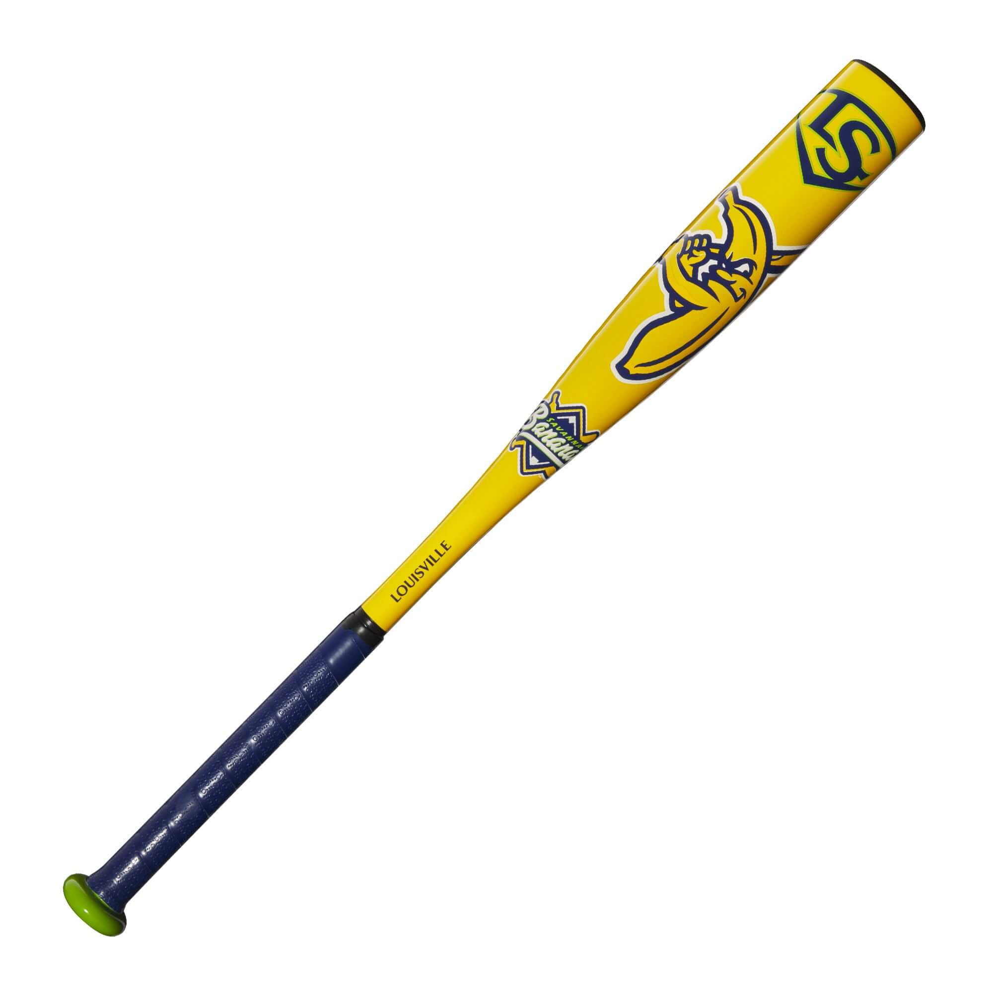 Louisville Slugger Bananas 2025 Teeball bat in vibrant yellow with green accents, designed for young players.