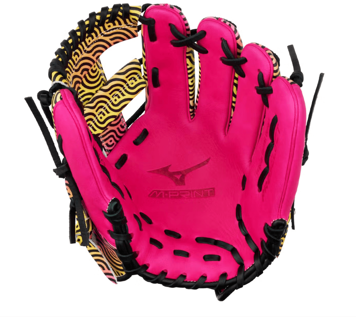Palm view of Mizuno Pro Select GPS-40RMP Miami Breeze 11.5" Infield Glove, pink with black lacing and M-Print logo visible.