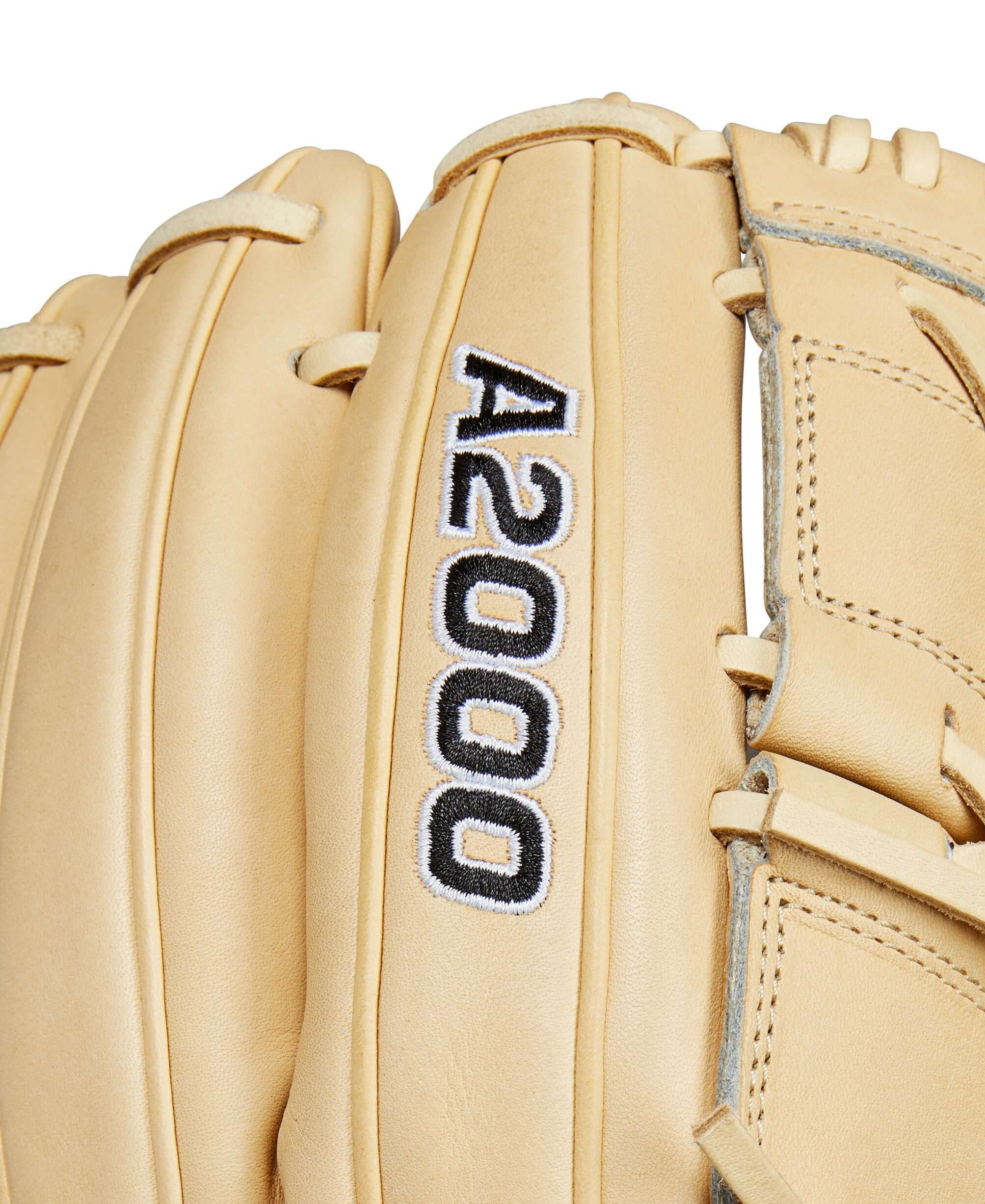 Close-up of Wilson A2000 B2 pitcher's glove with blonde leather, showcasing the detailed A2000 embroidery.