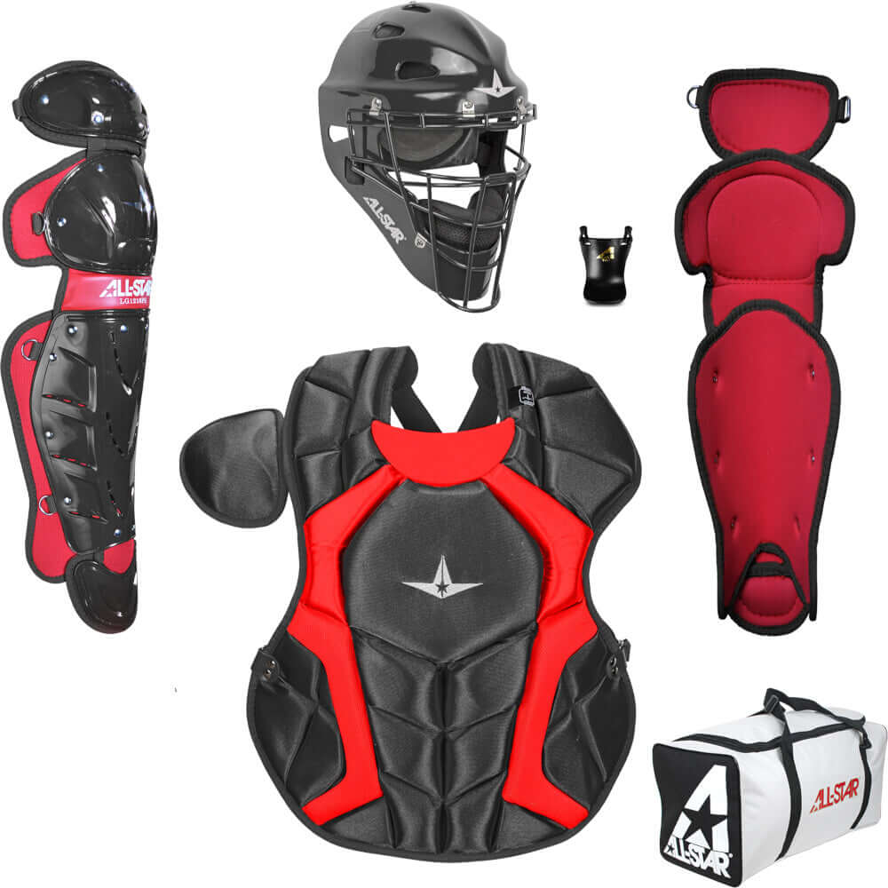 All-Star Player's Series two-tone catching kit for ages 7-9, including helmet, chest protector, leg guards, and equipment bag.