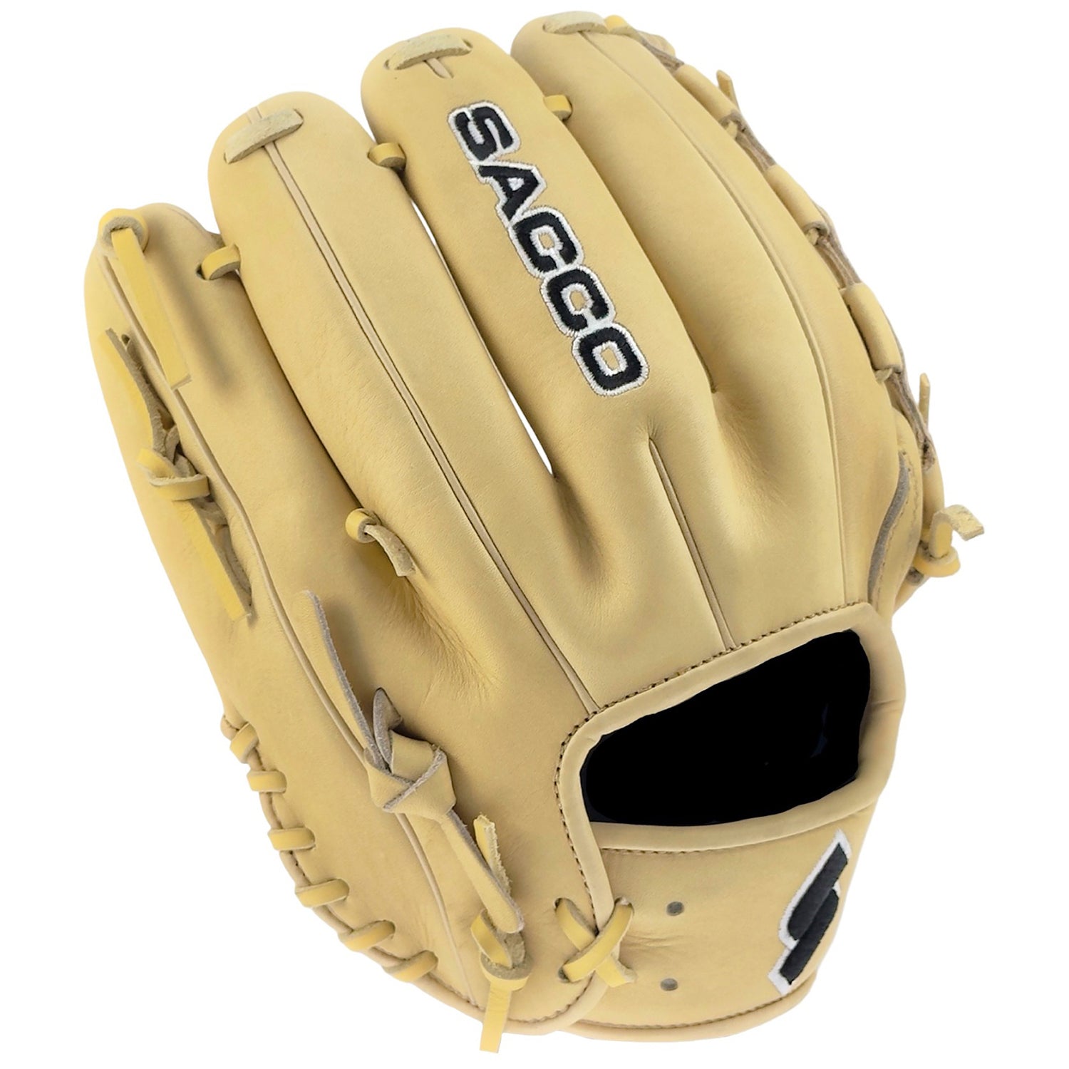 Sacco Ultra Premium Steer Hide Camel-Black Seams 12" Pitcher's Glove in camel color with black seams for baseball players.