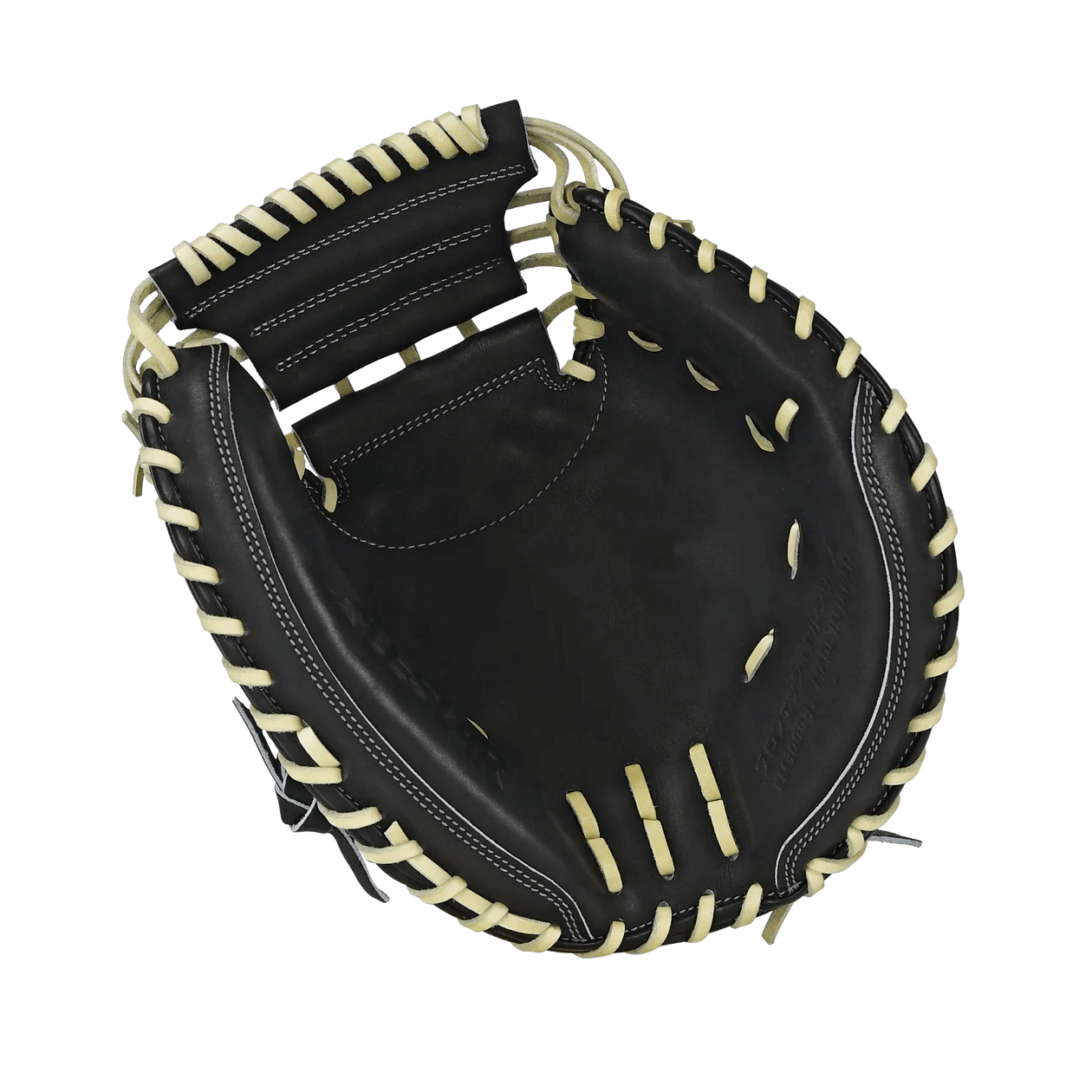 All-Star Pro-Elite Japan 34" Catchers Mitt Closed Back Black/Camel palm view with black pocket and camel lacing.