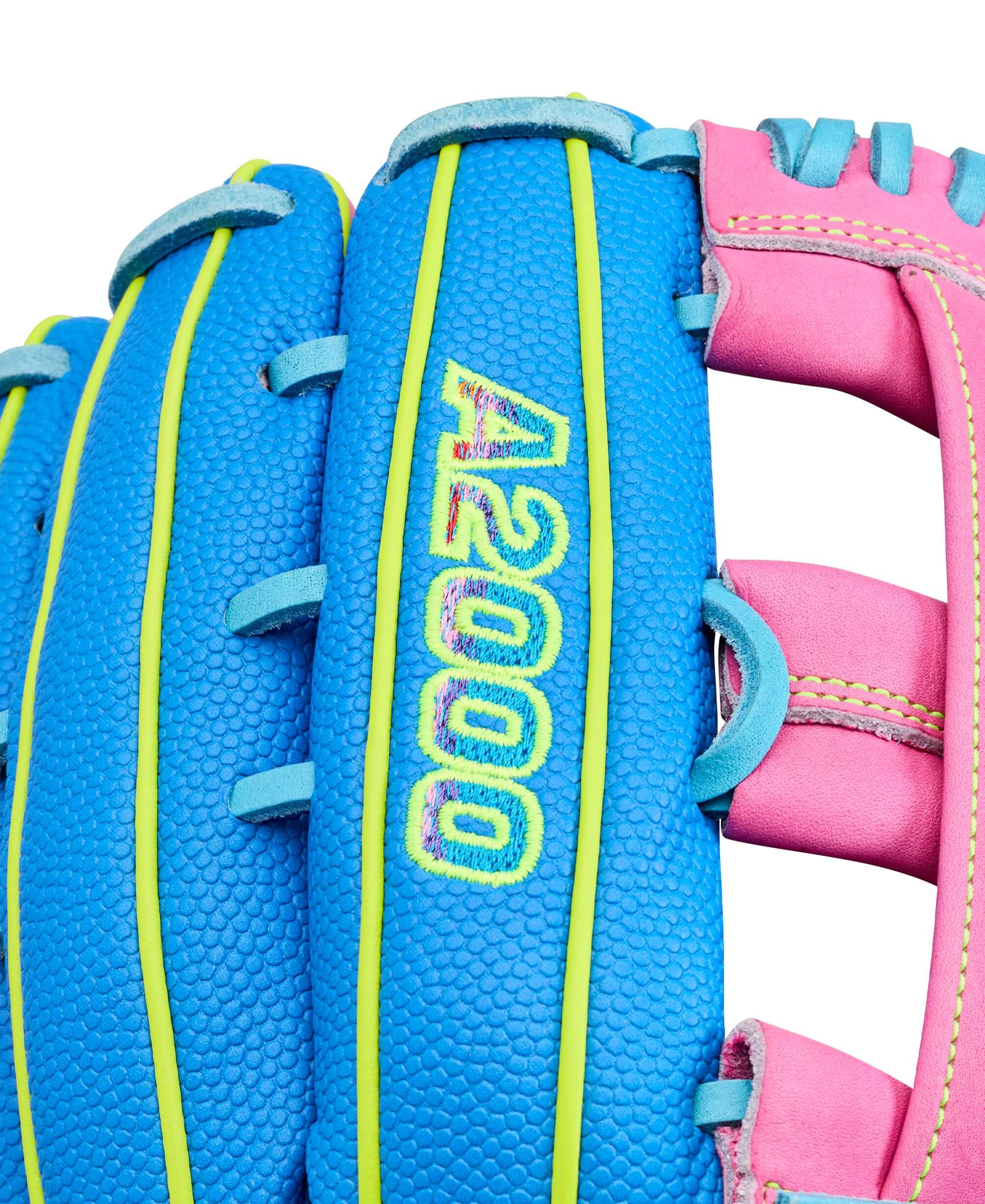 Wilson 2026 Love the Moment A2000 1777 outfield baseball glove web detail, blue and pink with yellow stitching.